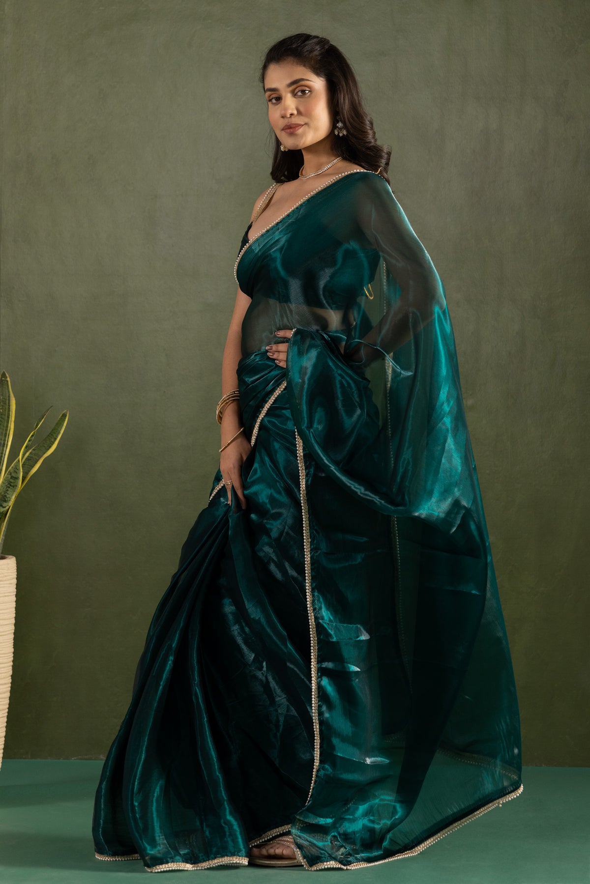 Blue Chiffon Ready To Wear Designer Solid Partywear Saree
