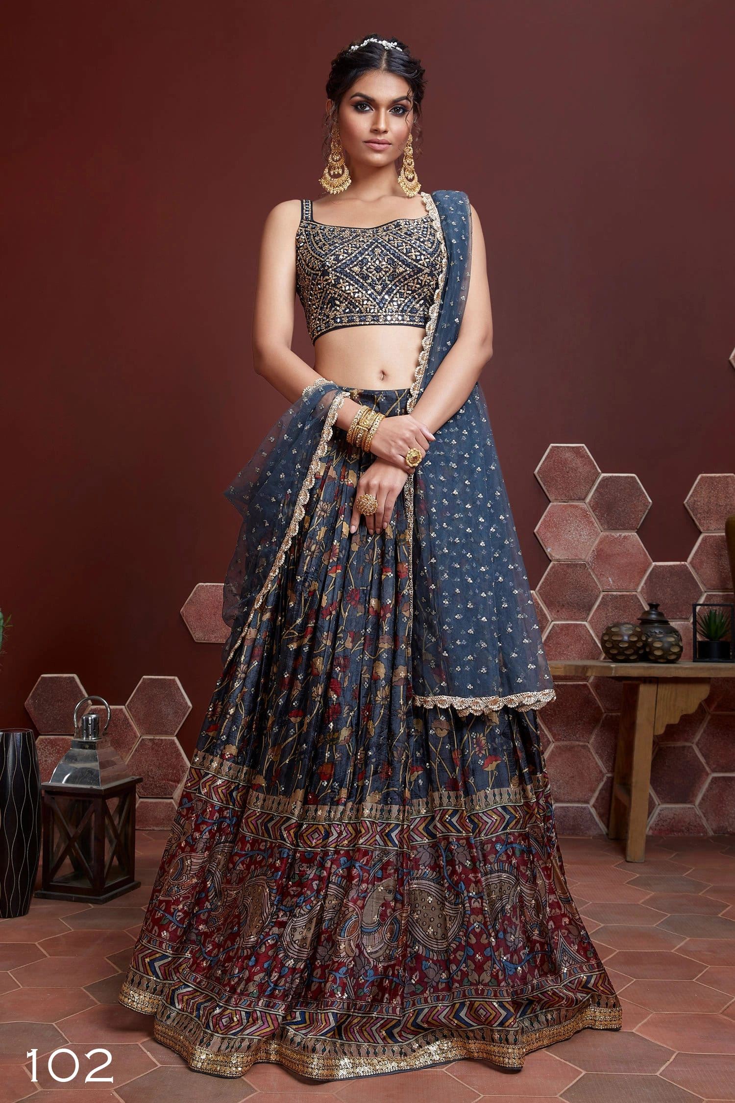 Blue Chinnon Silk Lehenga Choli With Digital Print and Heavy Embroidery with Real mirror work