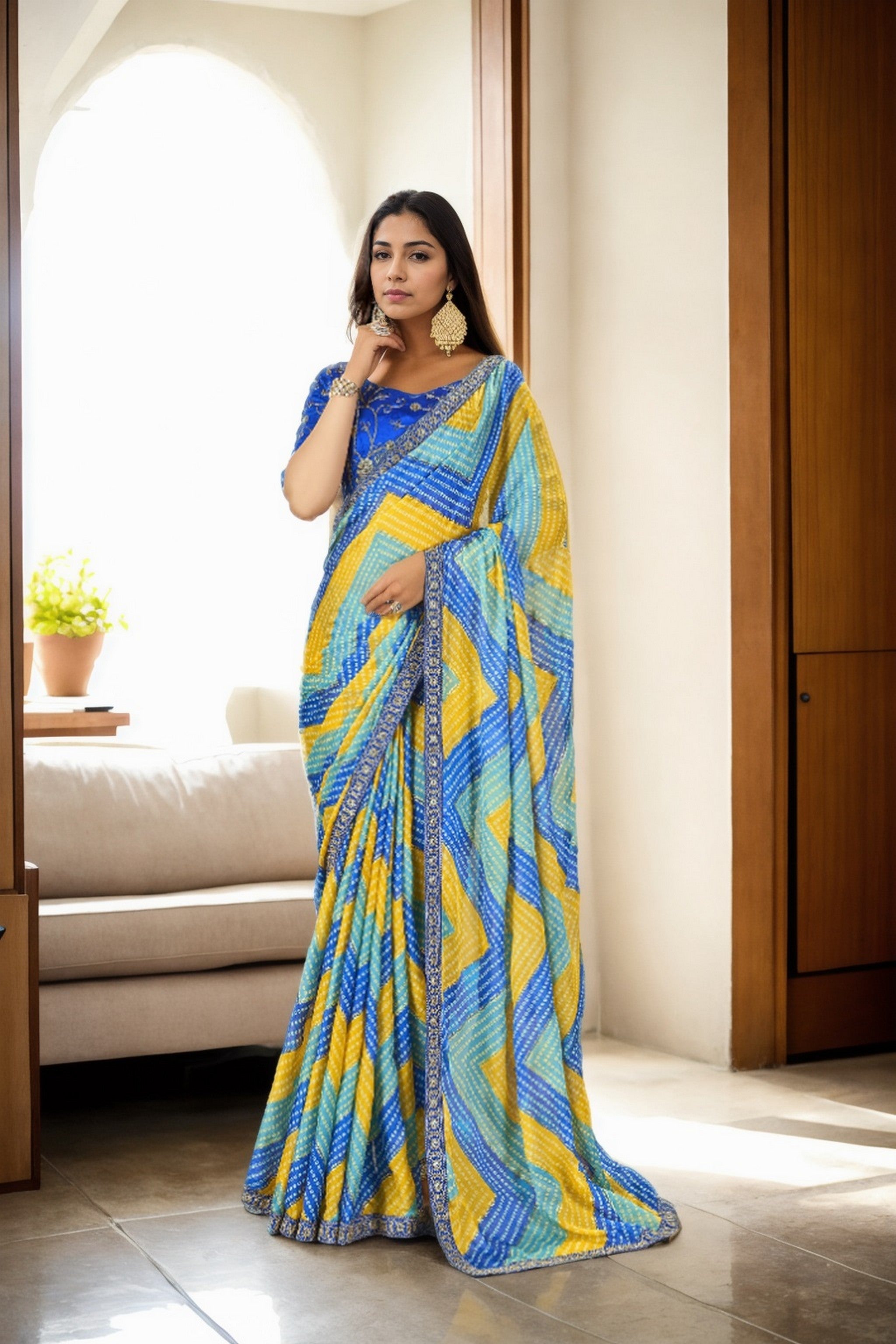 Blue Chinon Beautiful Printed Saree With Embroidered Blouse
