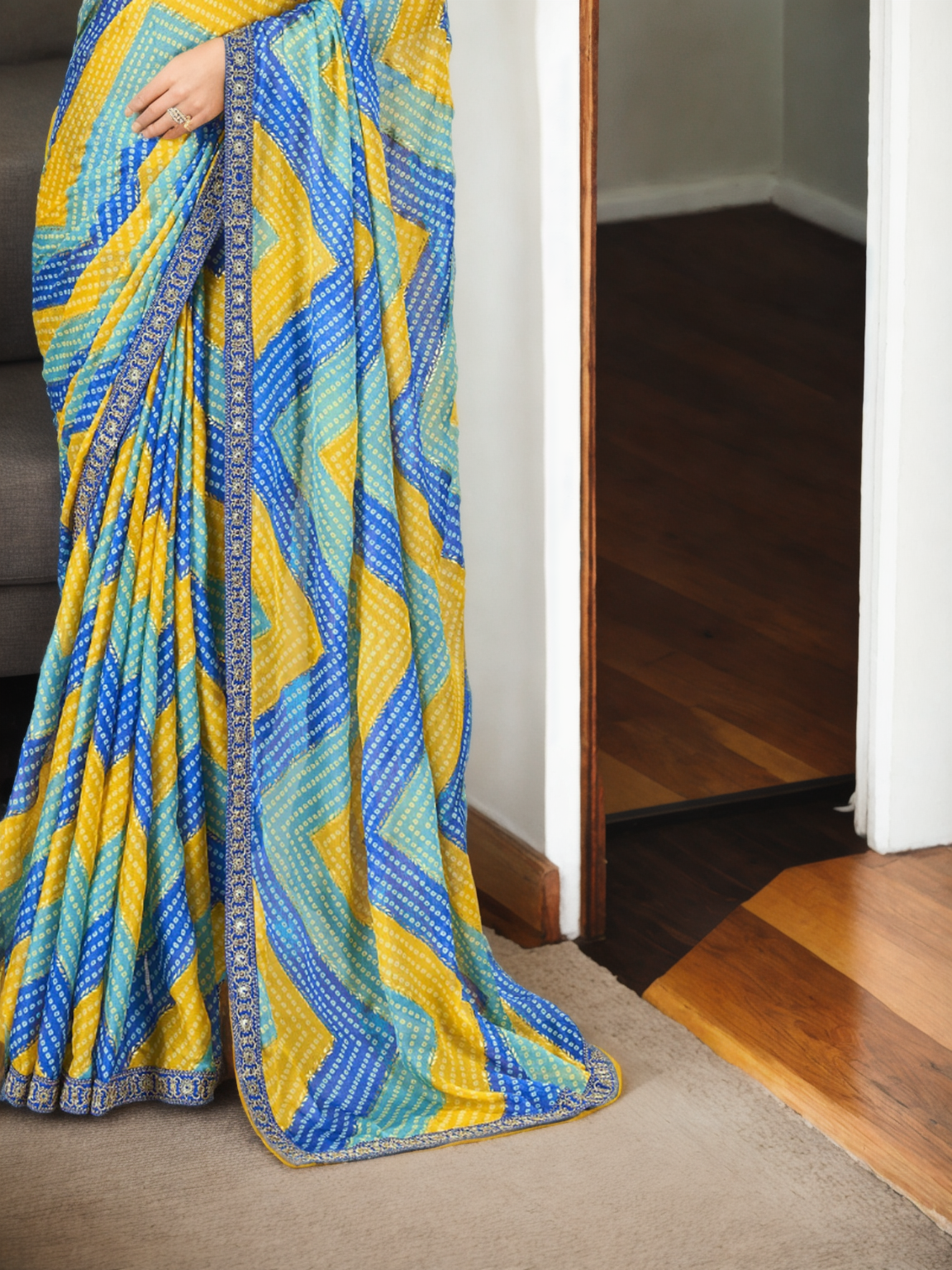 Blue Chinon Beautiful Printed Saree With Embroidered Blouse