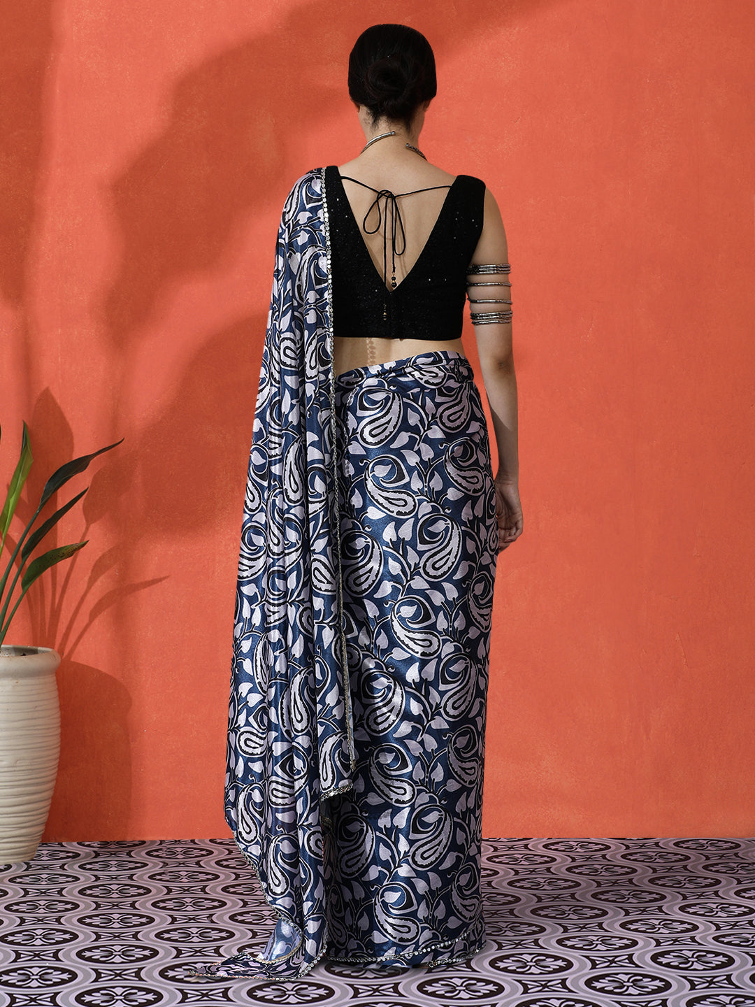 Blue Chinon Designer Digital Printed Girlie Partywear Saree