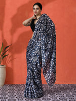 Blue Chinon Designer Digital Printed Girlie Partywear Saree