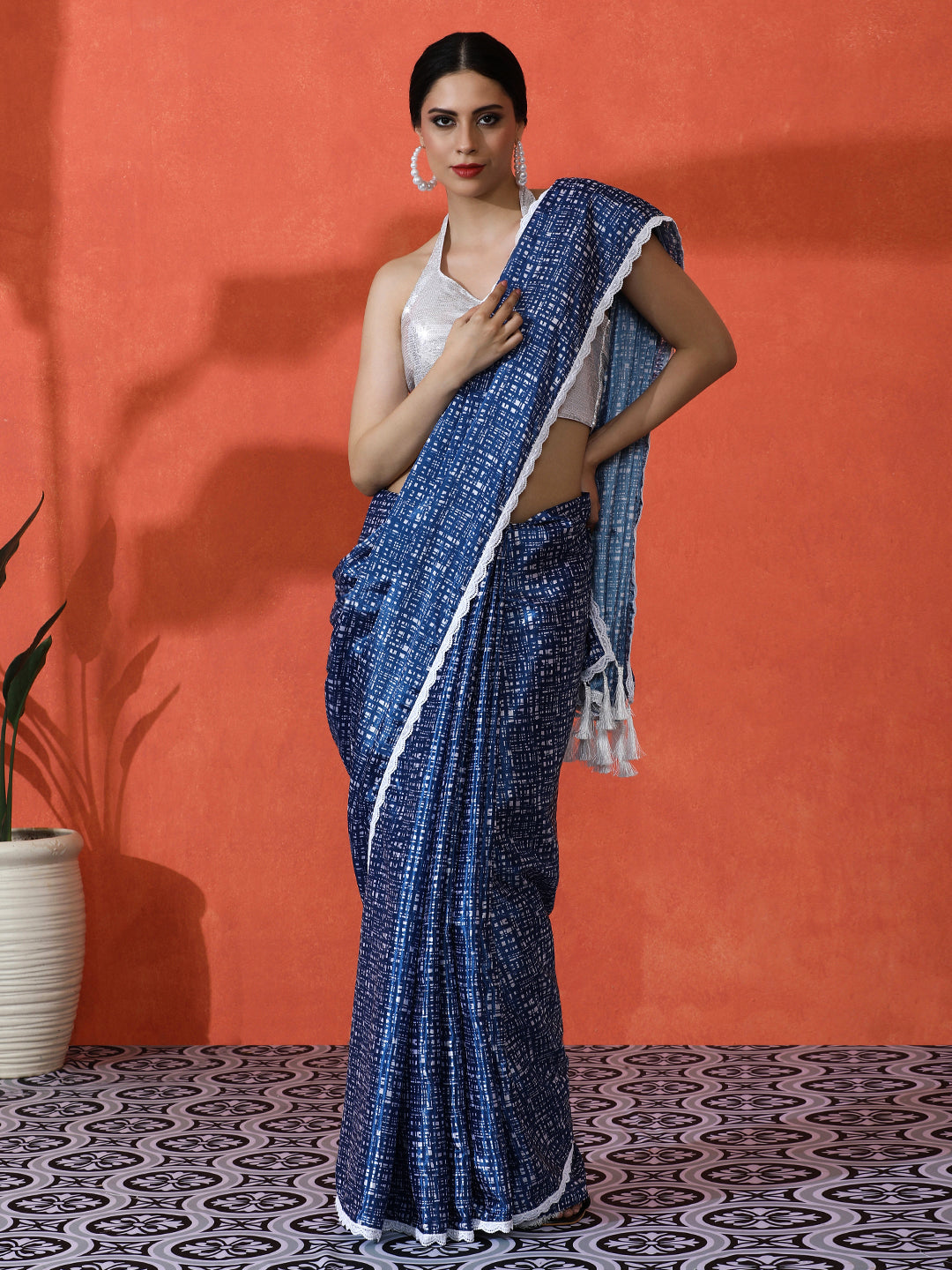 Blue Chinon Designer Digital Printed Saree For Ceremonial Looks