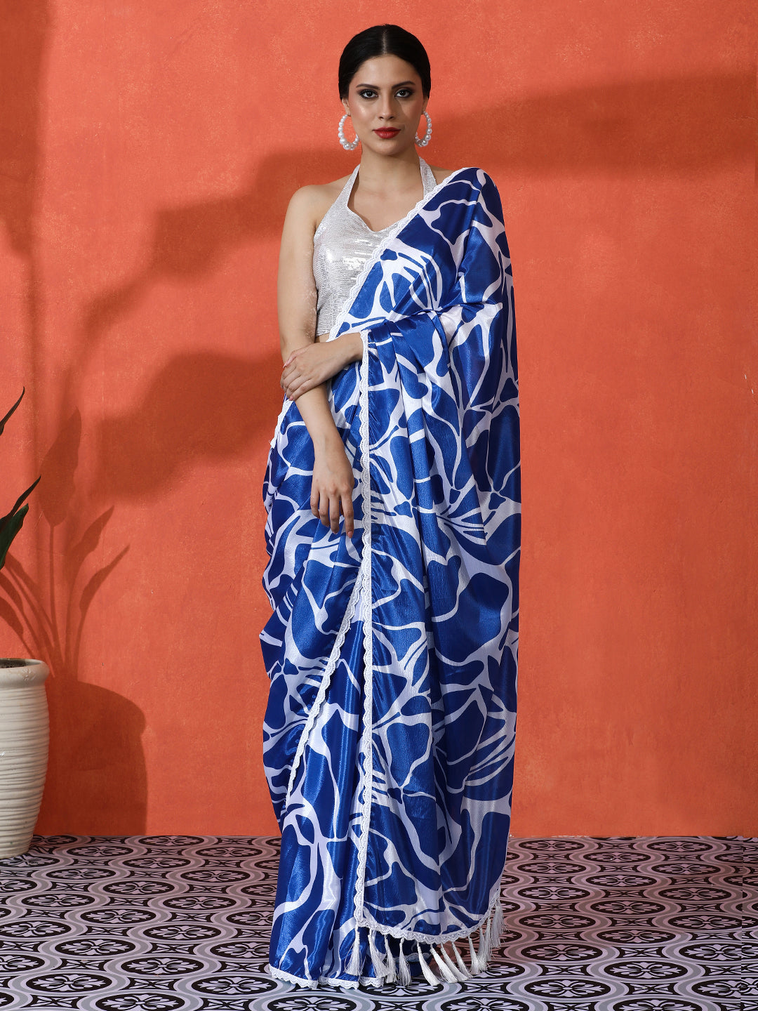 Blue Chinon Designer Digital Printed Saree For Ceremonial Looks