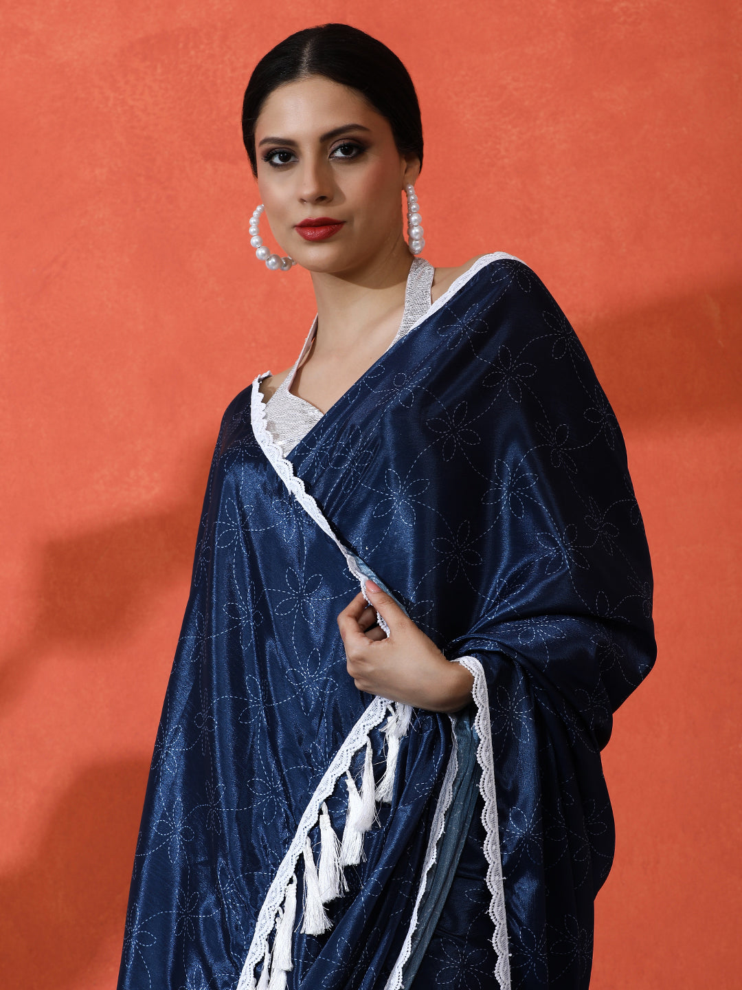 Blue Chinon Designer Digital Printed Saree For Ceremonial Looks