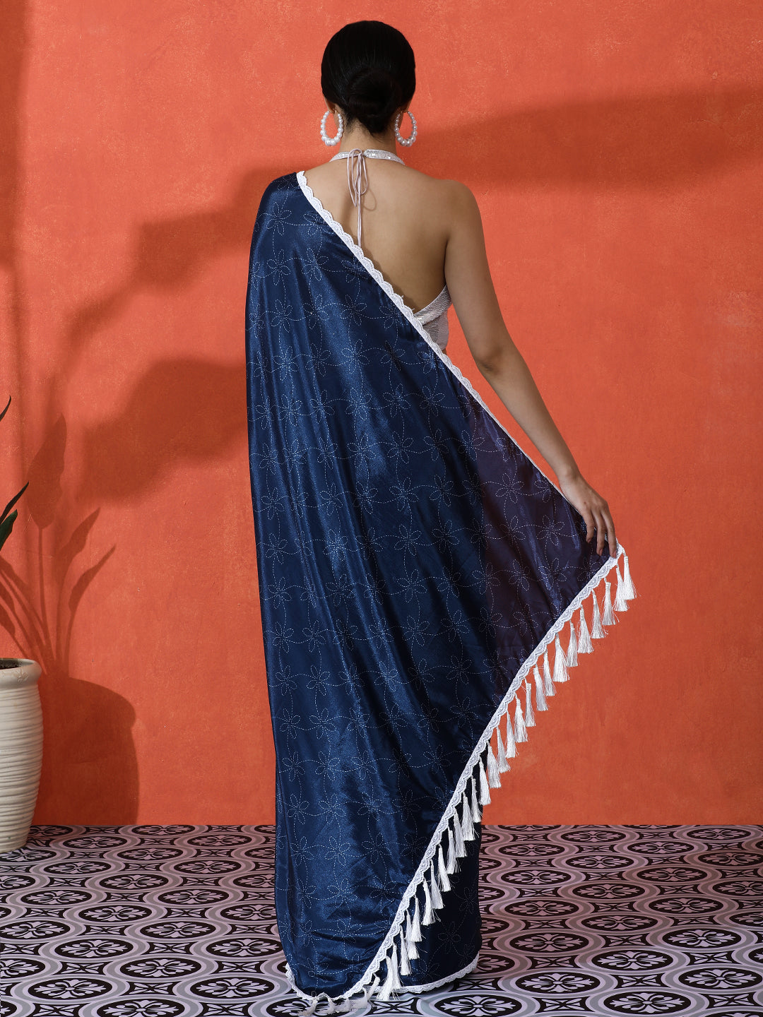 Blue Chinon Designer Digital Printed Saree For Ceremonial Looks