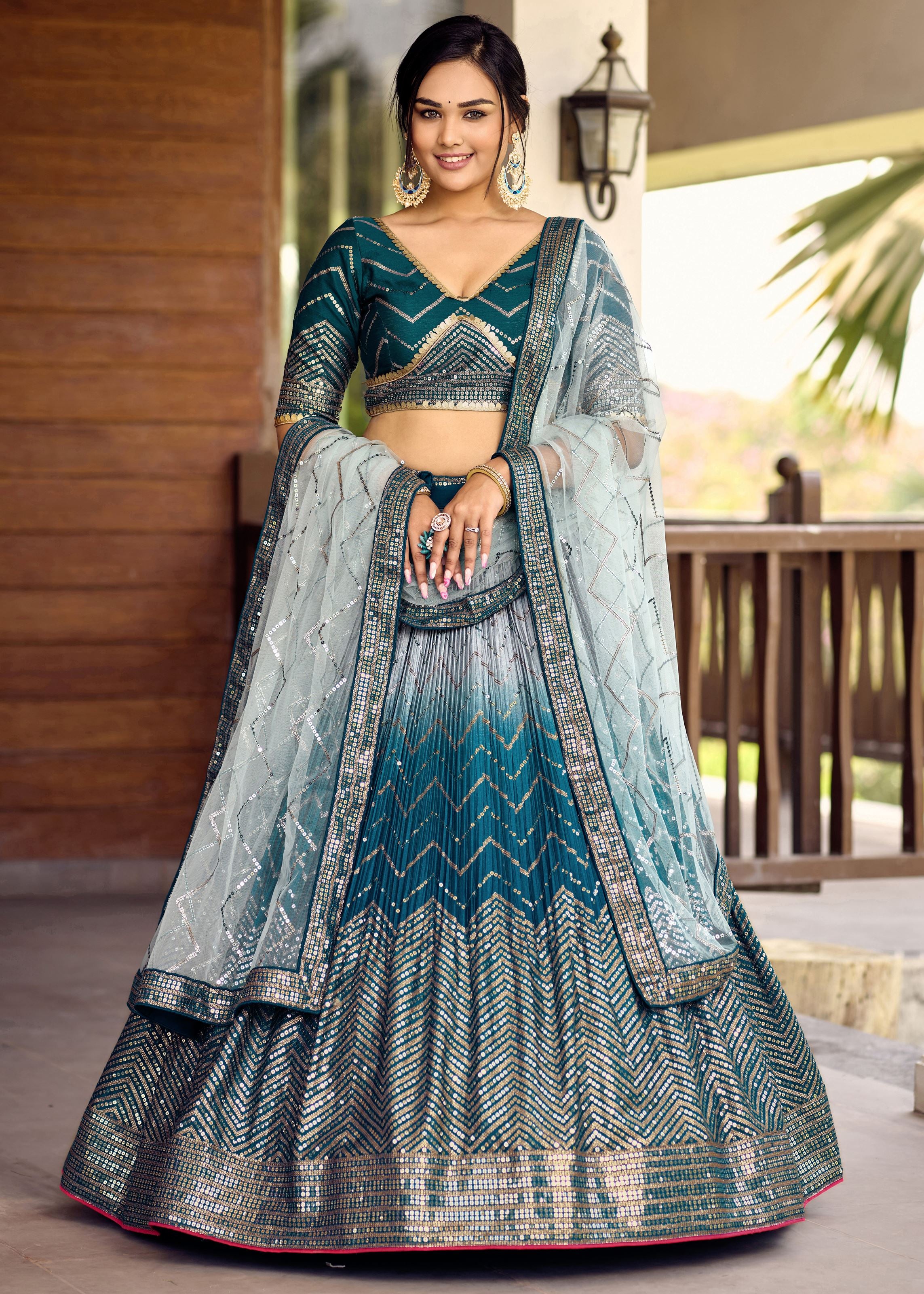Blue Chinon Lehenga Choli With Sequins, Thread Embroidery Work