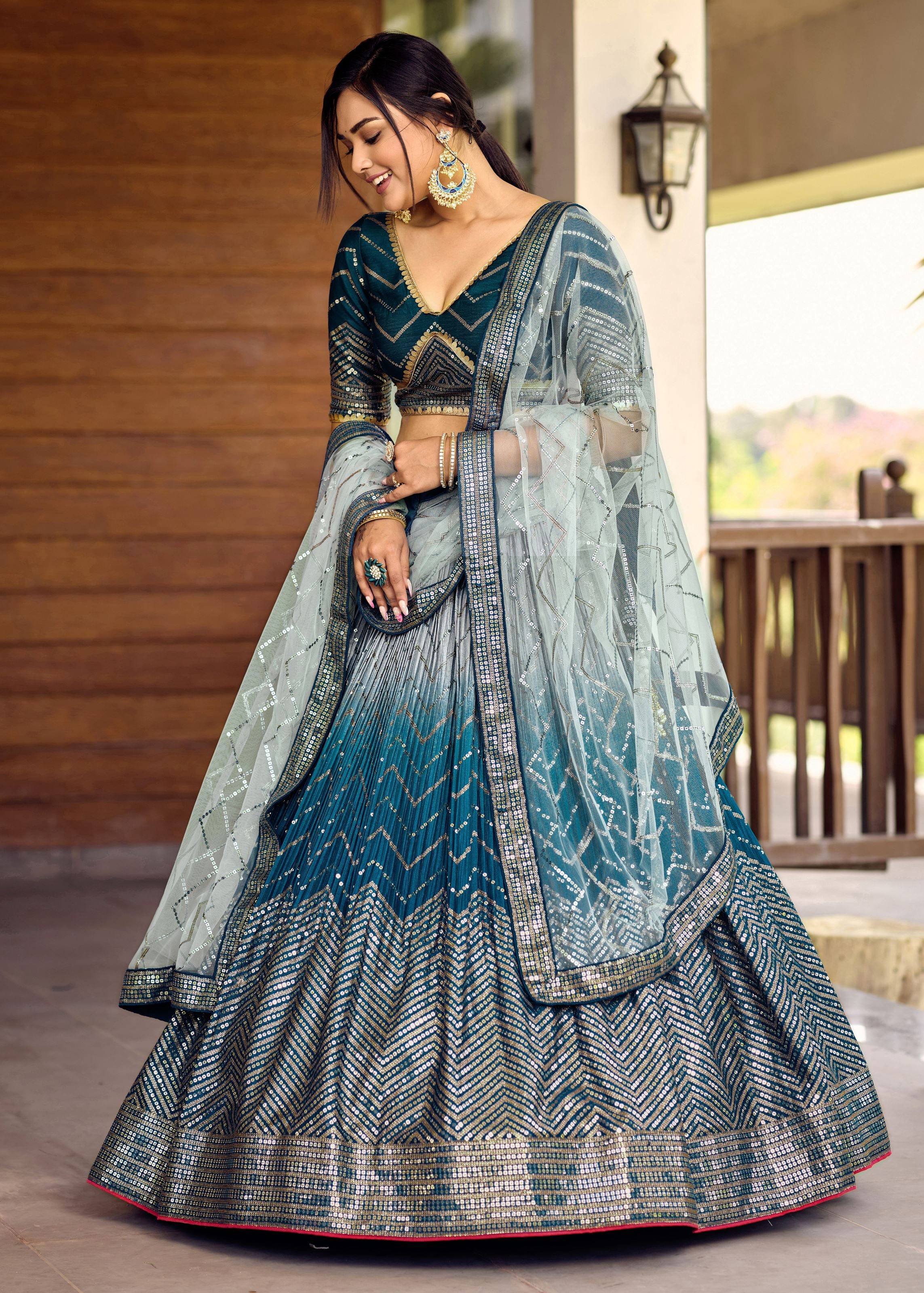 Blue Chinon Lehenga Choli With Sequins, Thread Embroidery Work