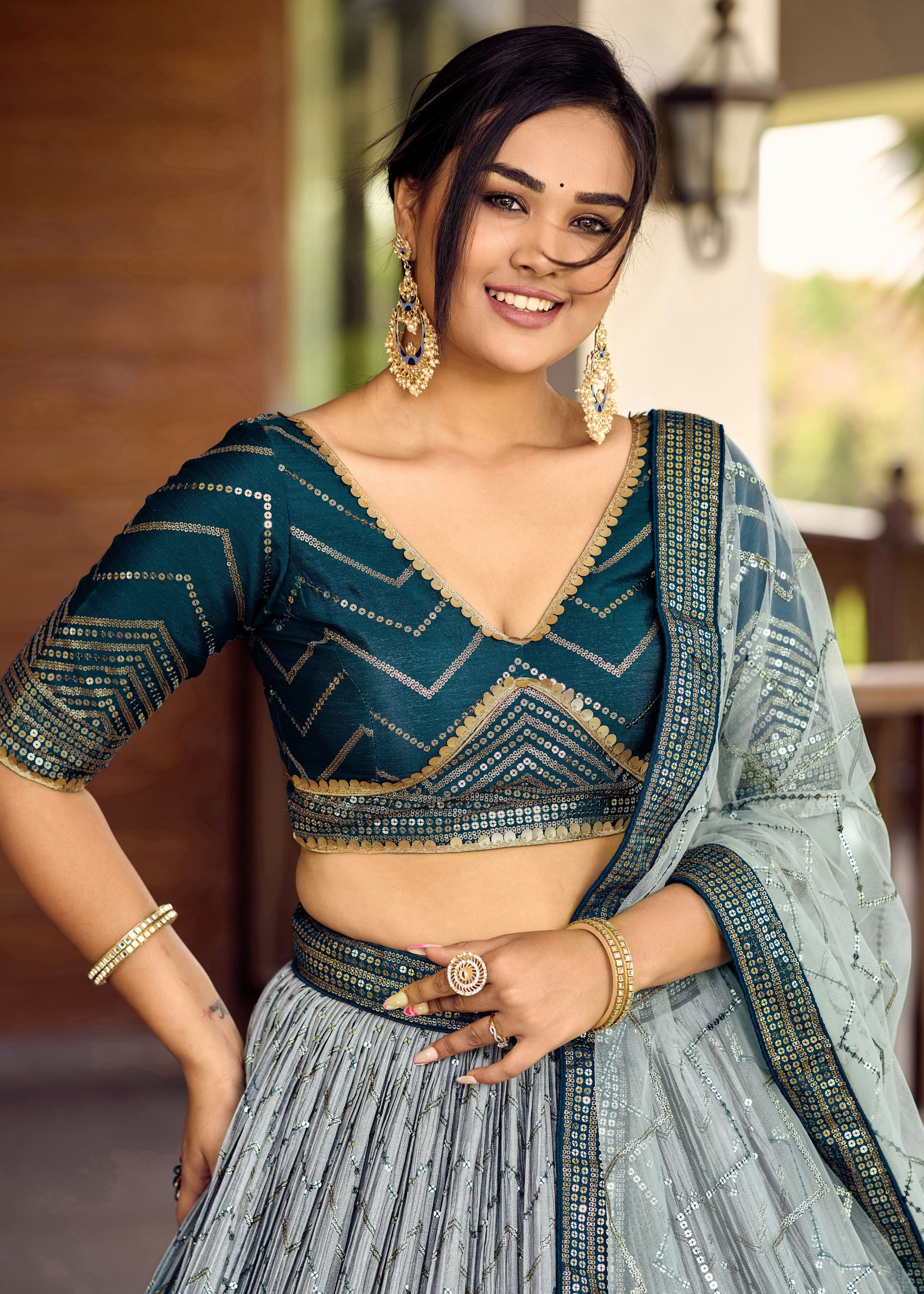 Blue Chinon Lehenga Choli With Sequins, Thread Embroidery Work