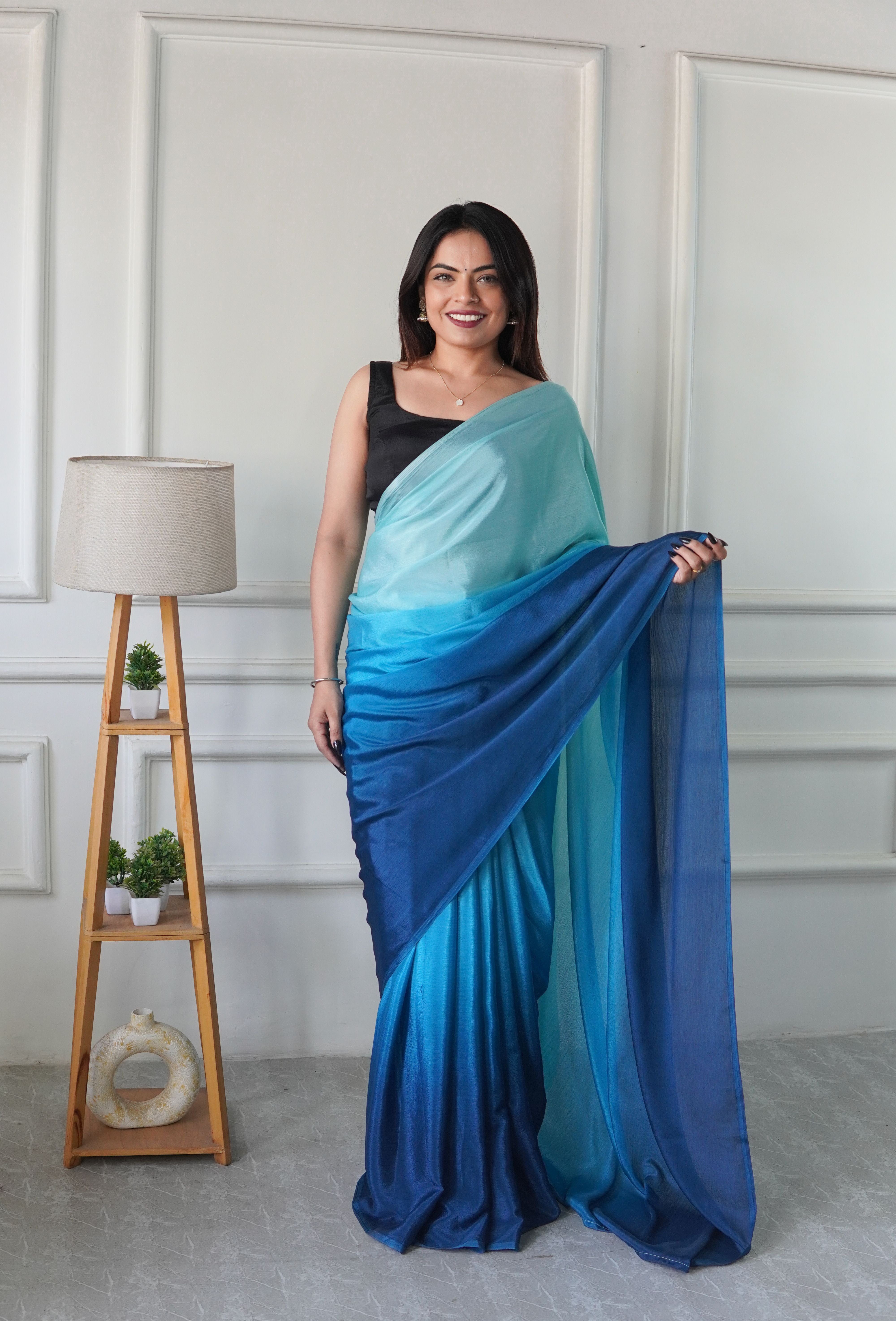 Blue Chinon Pedding Solid Designer Ready To Wear Saree