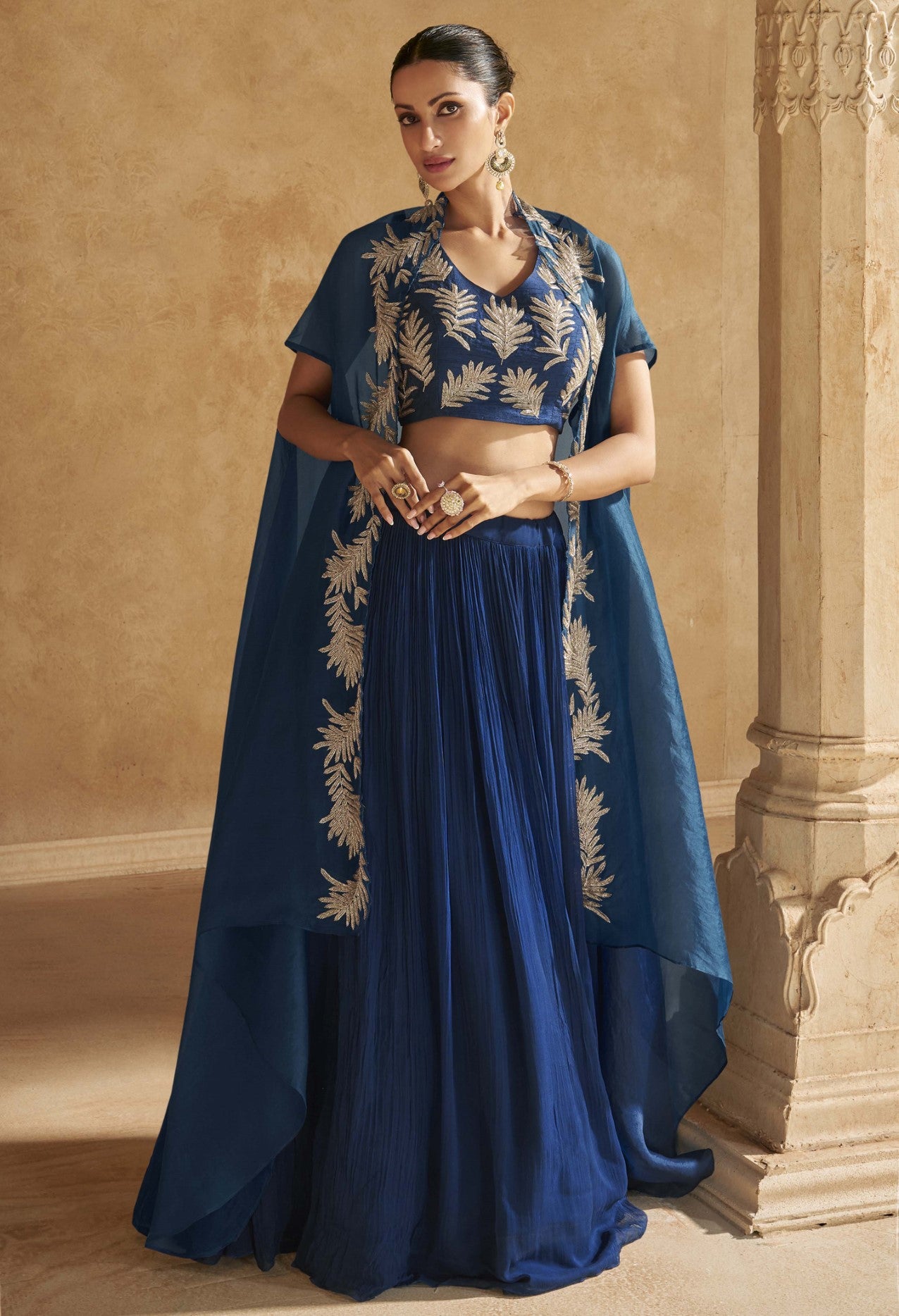 Blue Chinon Silk Lehenga Choli With Handwork Jacket