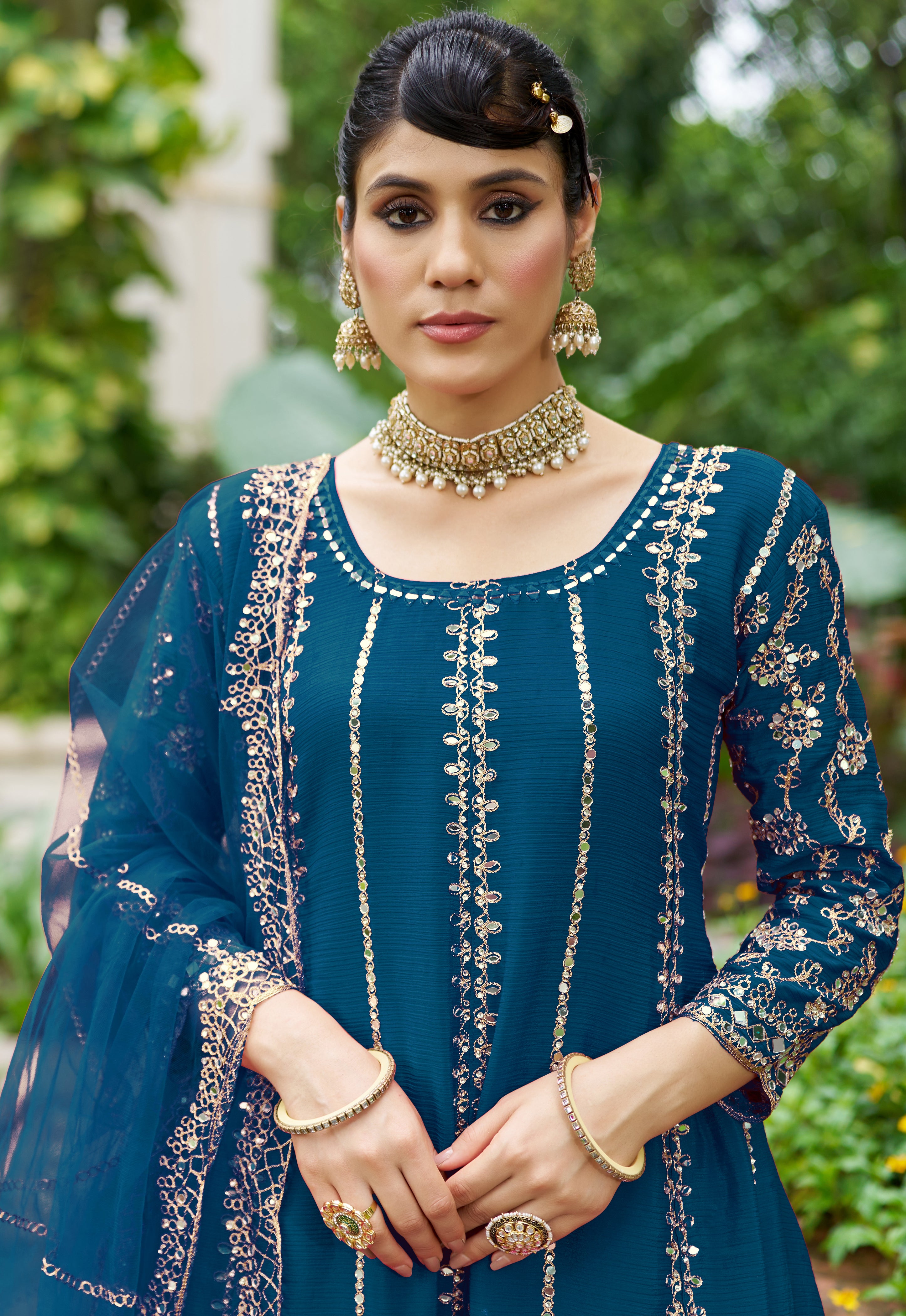 Blue Chinon Silk Salwar Suit With Real Mirror Work