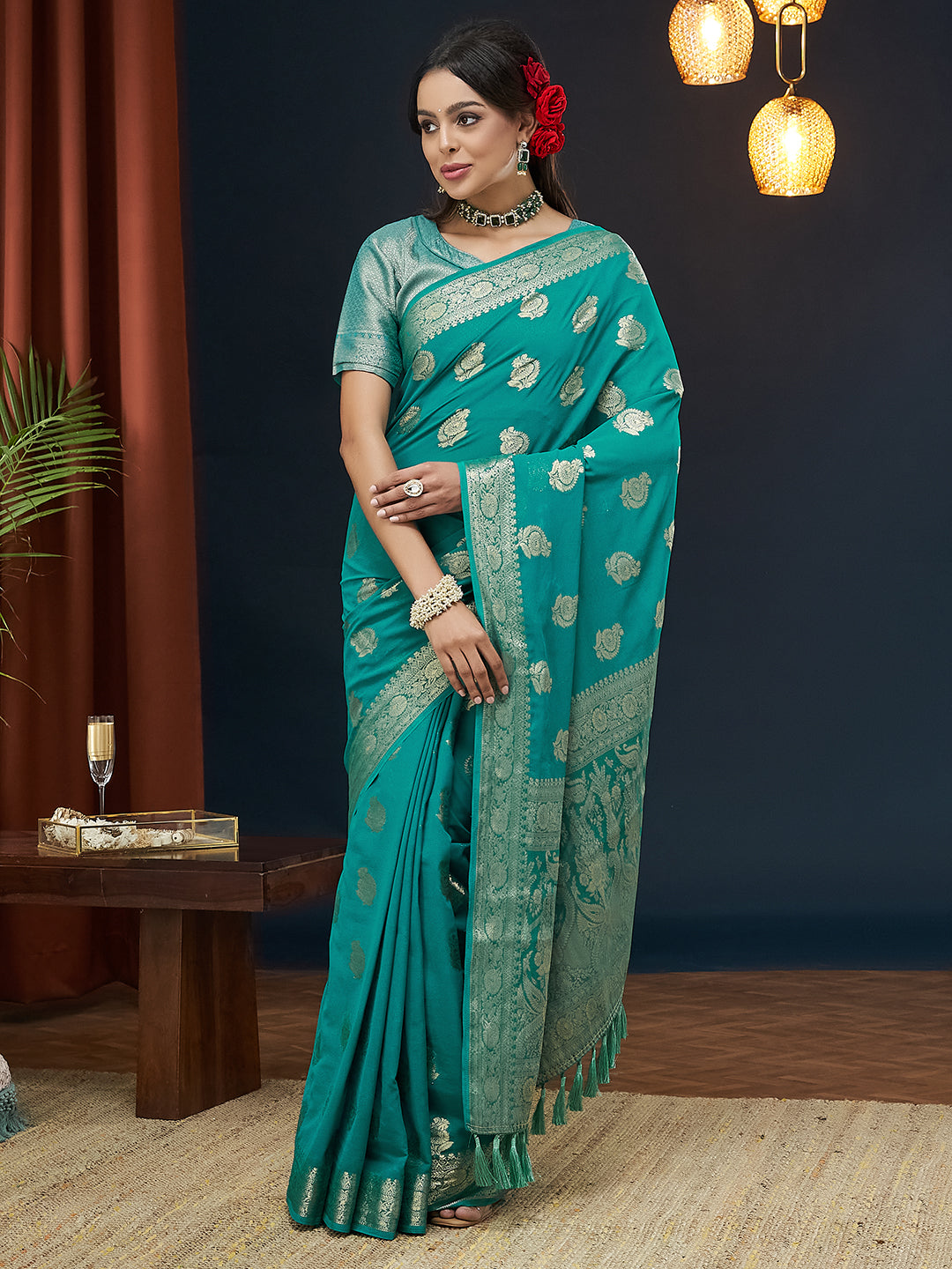 Blue Colour Georgette Designer Zari Woven Saree For Partywear Looks