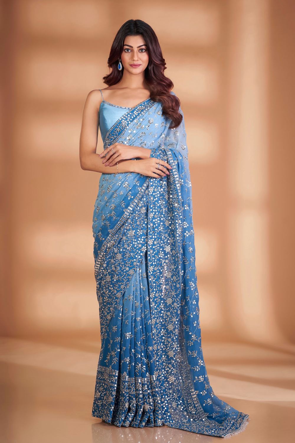 Blue Colour Georgette Embroidery Work Saree