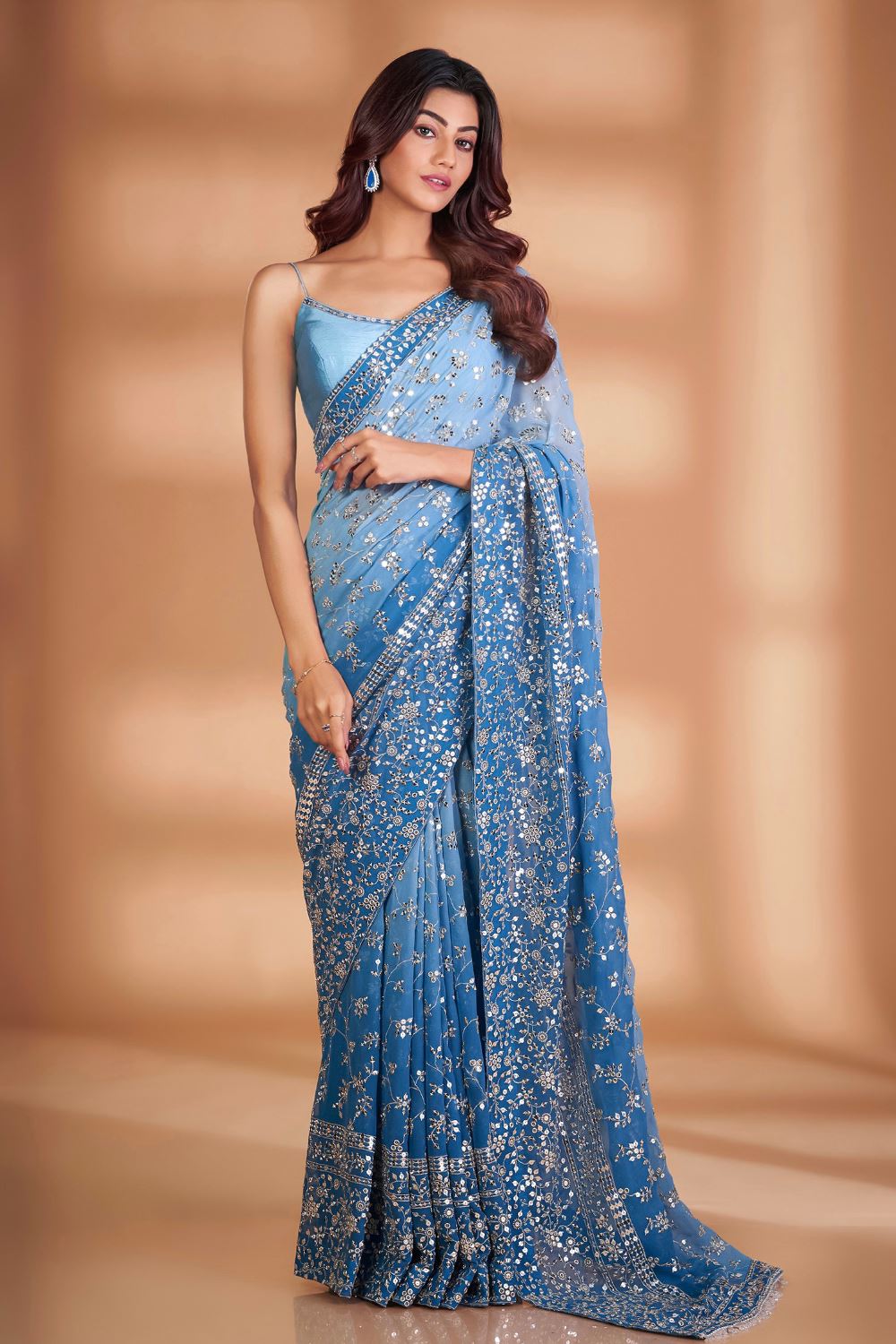 Blue Colour Georgette Embroidery Work Saree