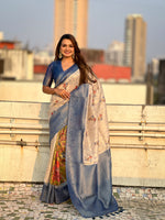 Blue Cotton Linen Woven Designer Saree With Printed Work