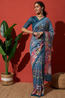 Blue Cotton Silk Designer Digital Printed Ethnic Ceremonial Saree