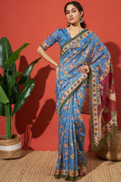 Blue Cotton Silk Designer Digital Printed Ethnic Ceremonial Saree