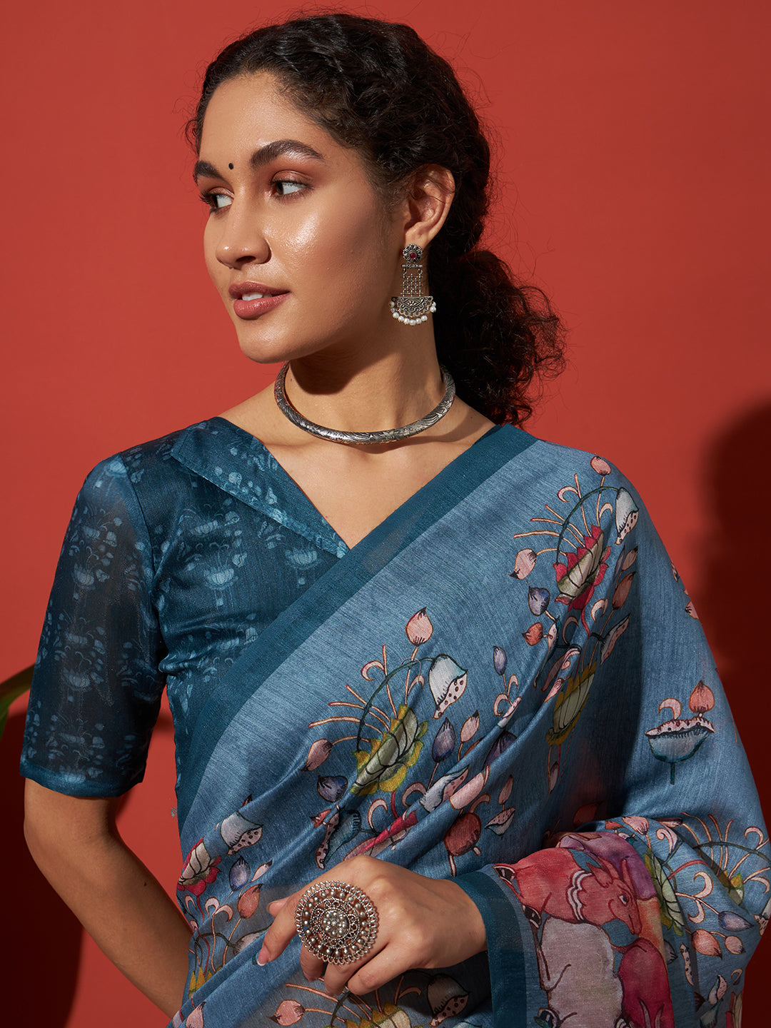 Blue Cotton Silk Designer Digital Printed Ethnic Ceremonial Saree