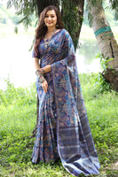 Blue Cotton Silk Saree with Floral Print and Printed Pallu