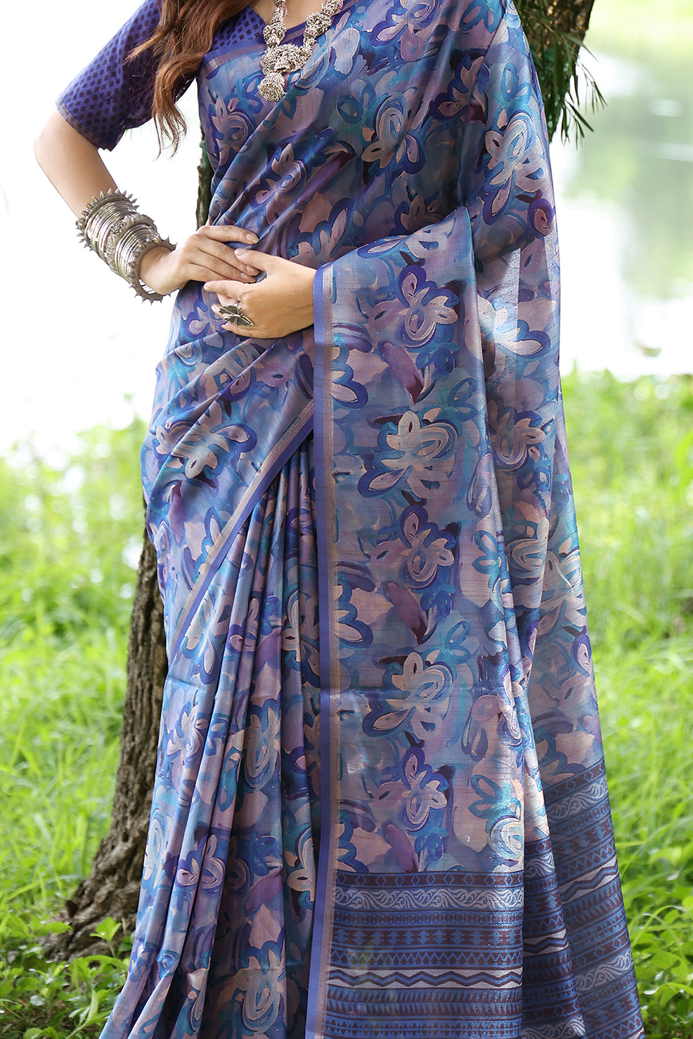 Blue Cotton Silk Saree with Floral Print and Printed Pallu