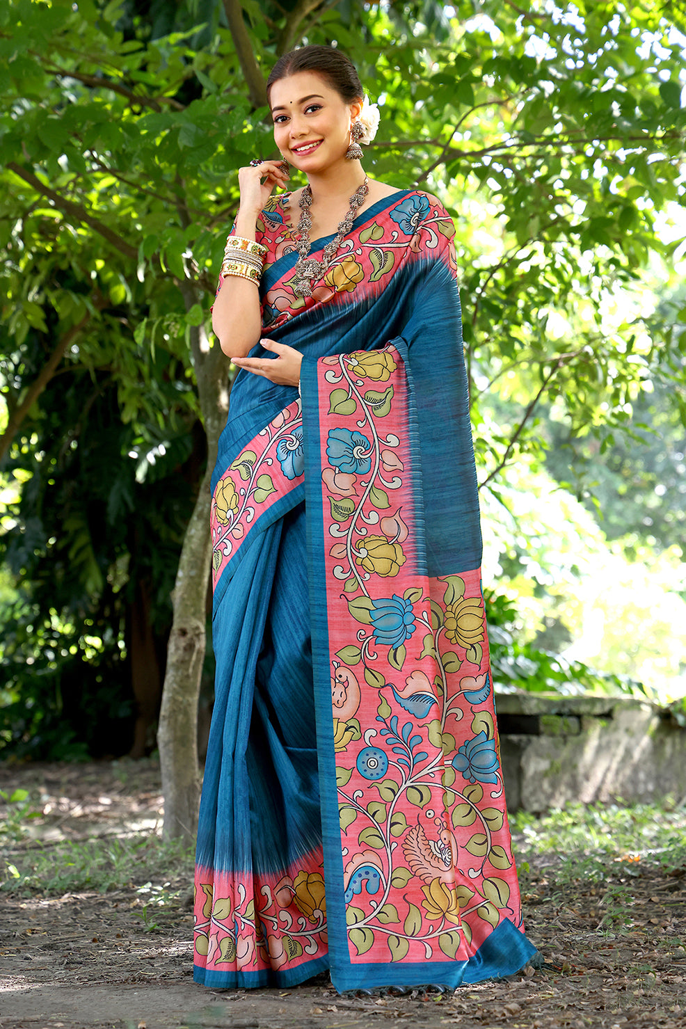 Blue Cotton Silk Saree with Solid Design and Printed Pallu
