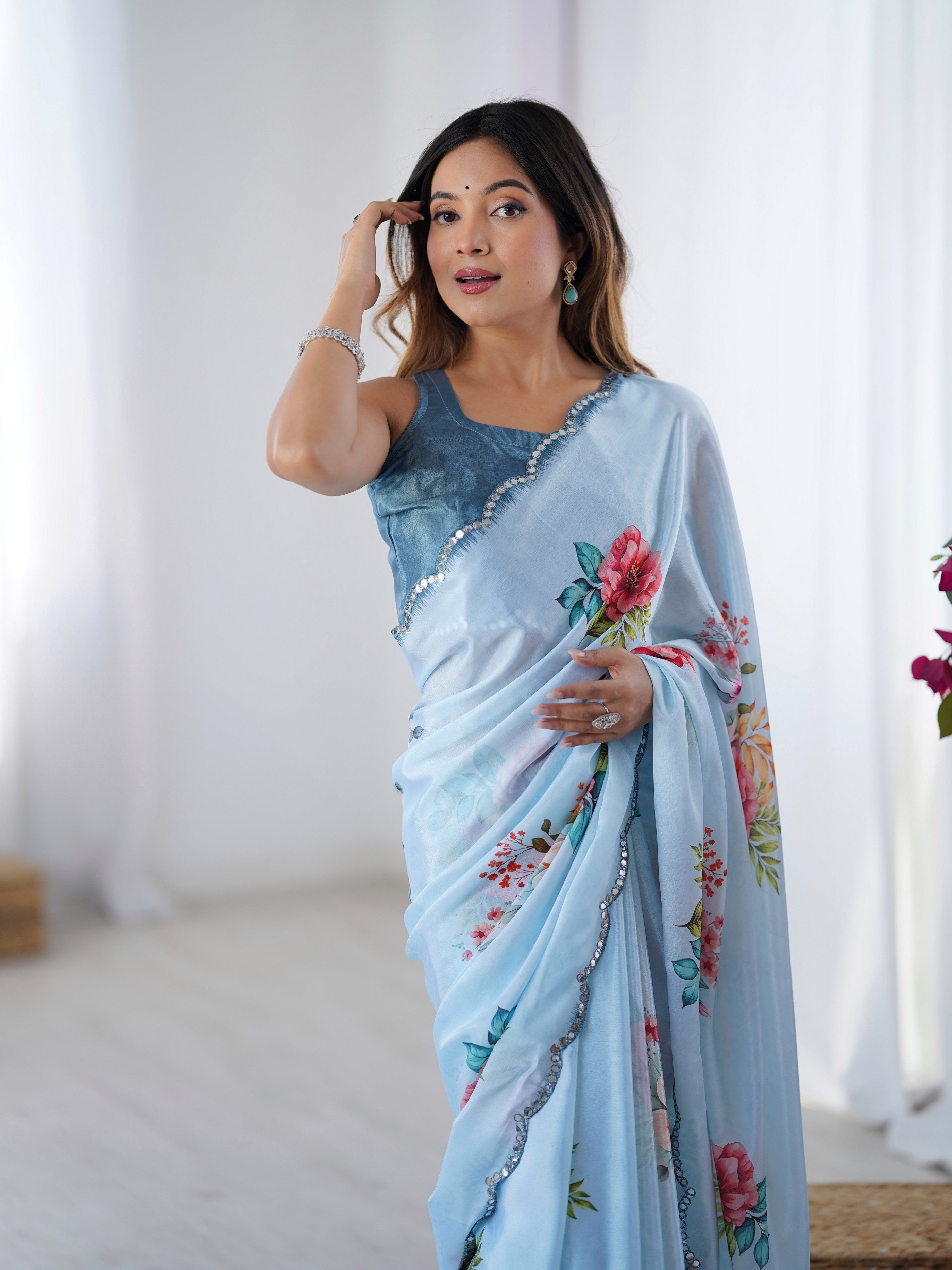 Blue Digital Printed Stylish Chinon Fanbric Glamorous Partywear Saree