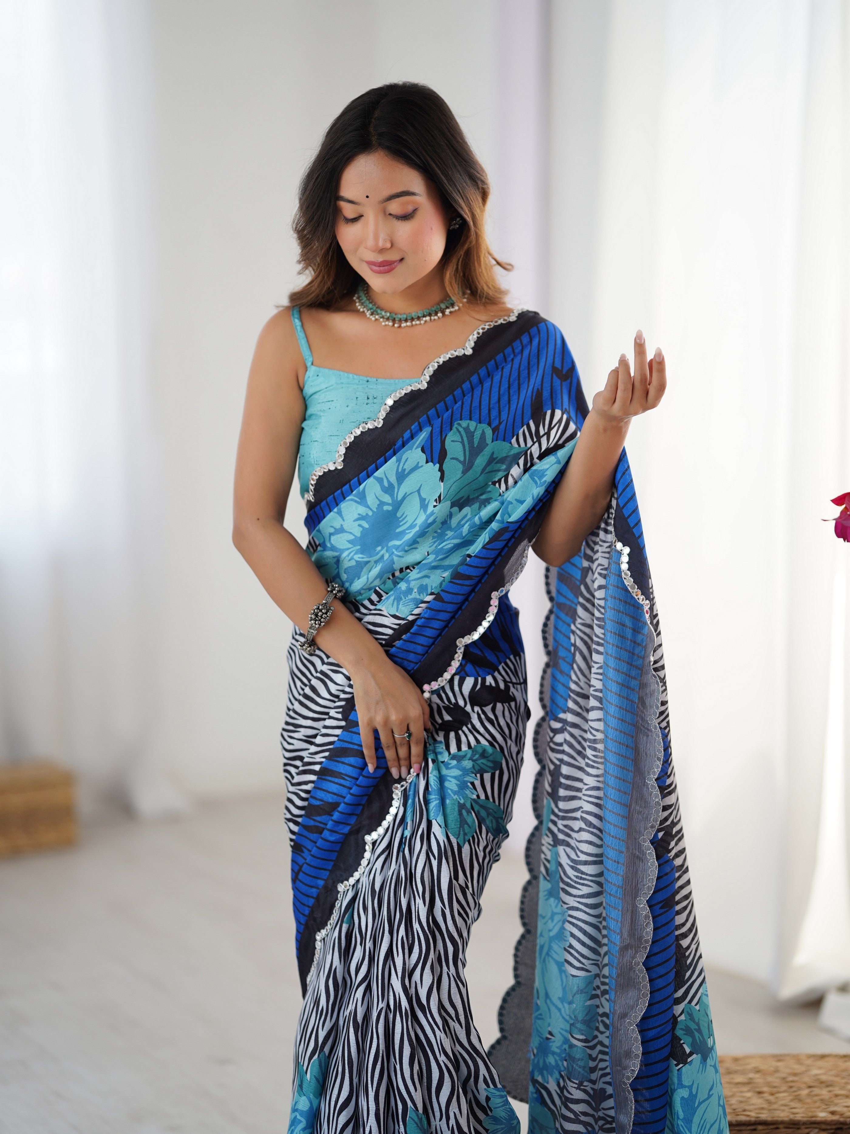 Blue Digital Printed Stylish Chinon Fanbric Glamorous Partywear Saree