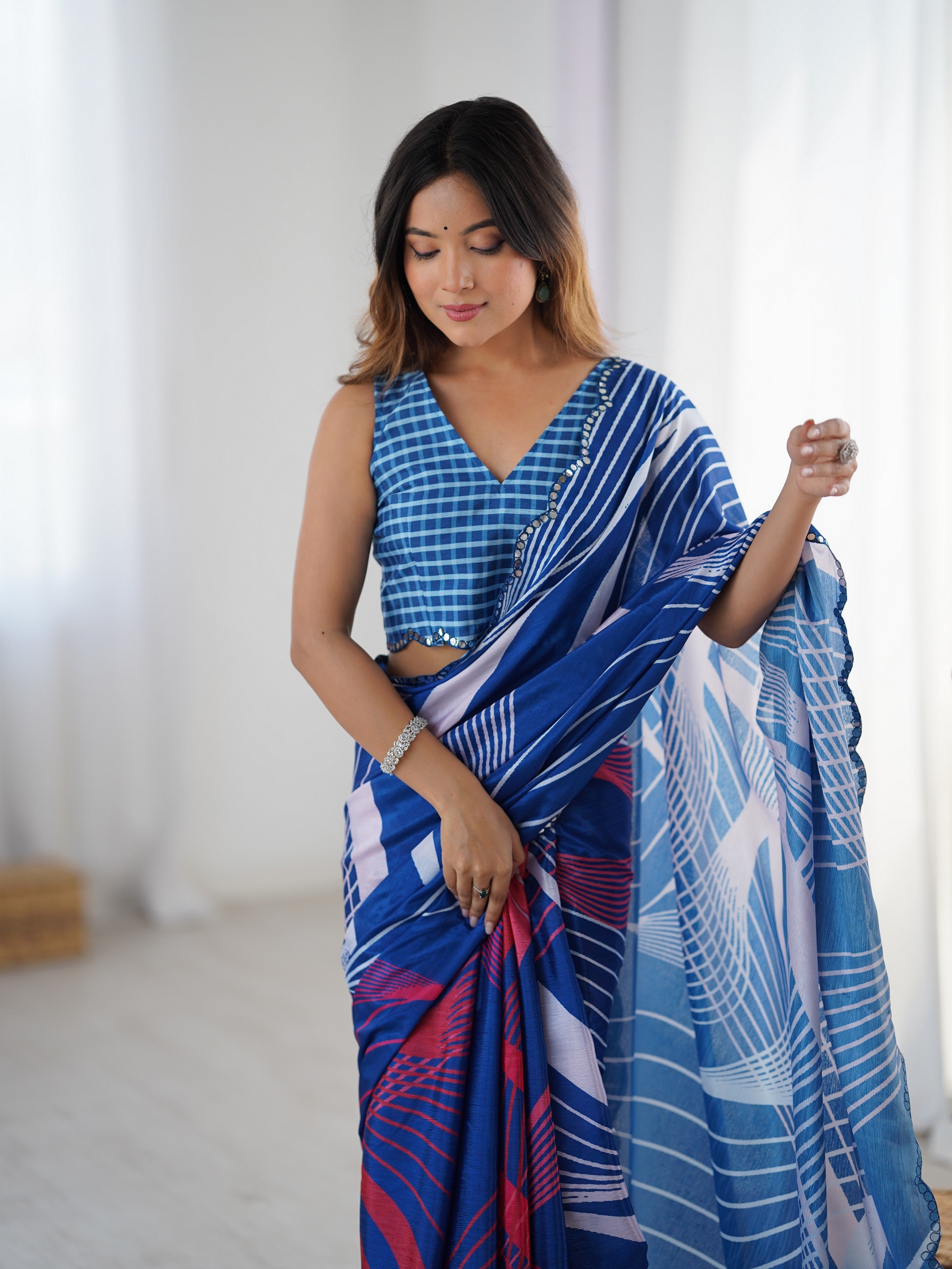 Blue Digital Printed Stylish Chinon Fanbric Glamorous Partywear Saree