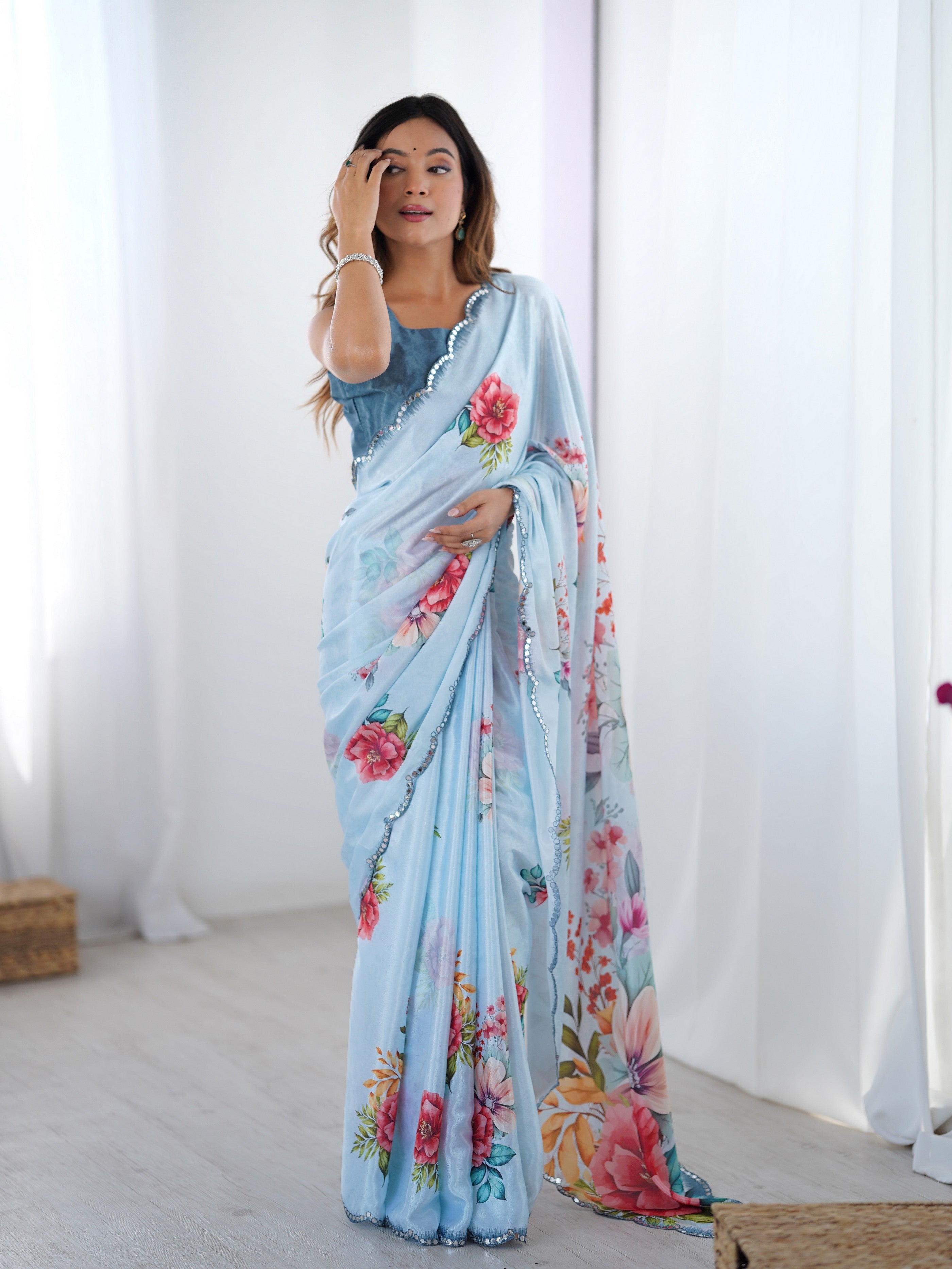 Blue Digital Printed Stylish Chinon Fanbric Glamorous Partywear Saree