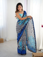 Blue Digital Printed Stylish Chinon Fanbric Glamorous Partywear Saree