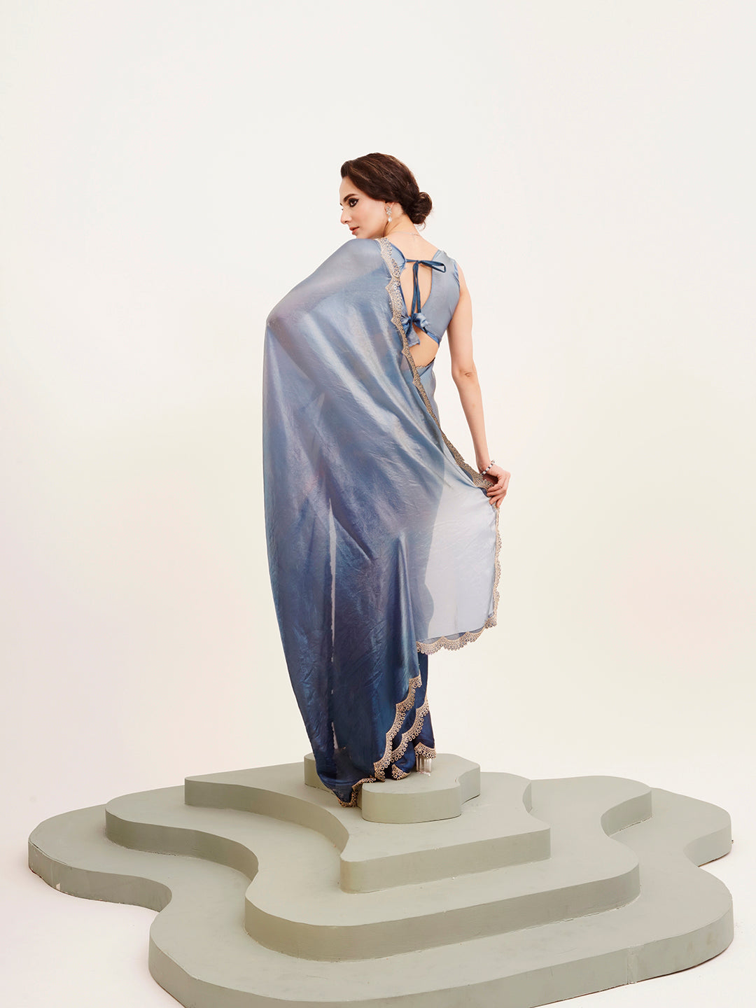 Blue Embellished Beads And Stones Satin Saree For Beautiful Partywear Saree