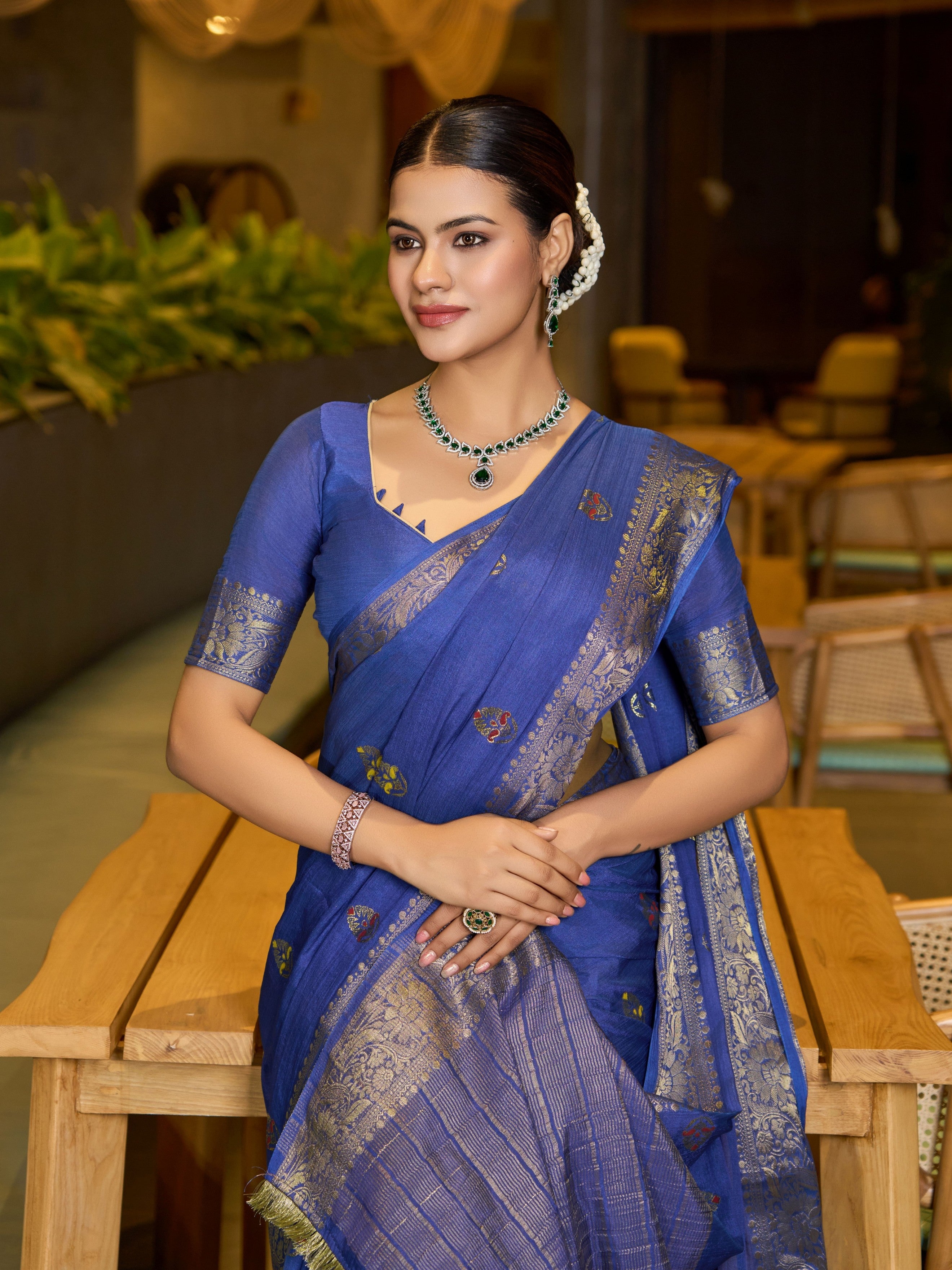 Blue Ethnic Chinon Woven Designer Partywear Saree