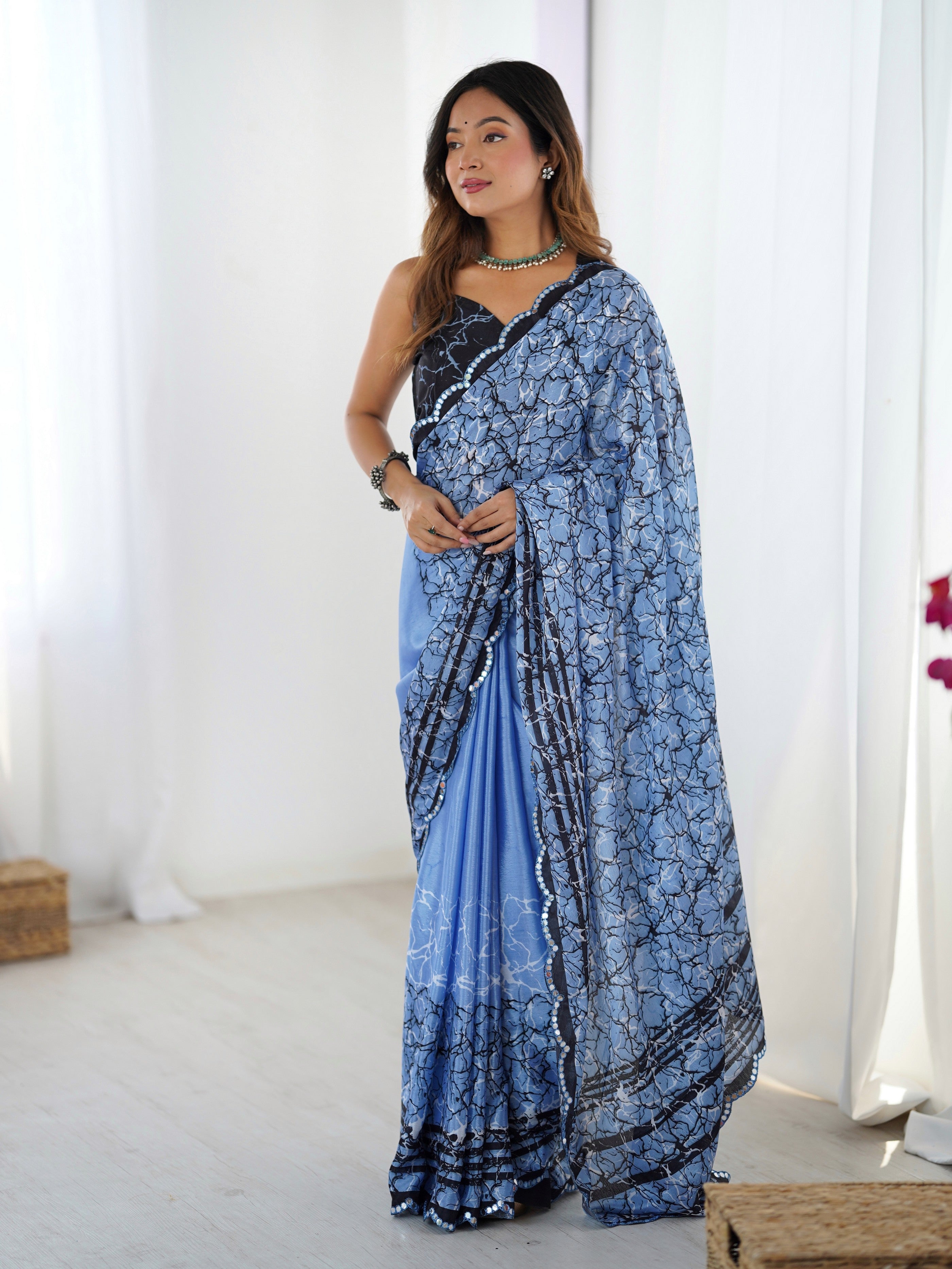 Blue Ethnic Partywear Digital Printed Saree With Stylish Cut Border