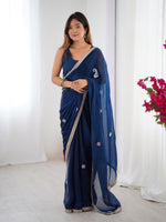 Blue Fancy Stylish Partywear Saree For Girlie Ethnic Looks