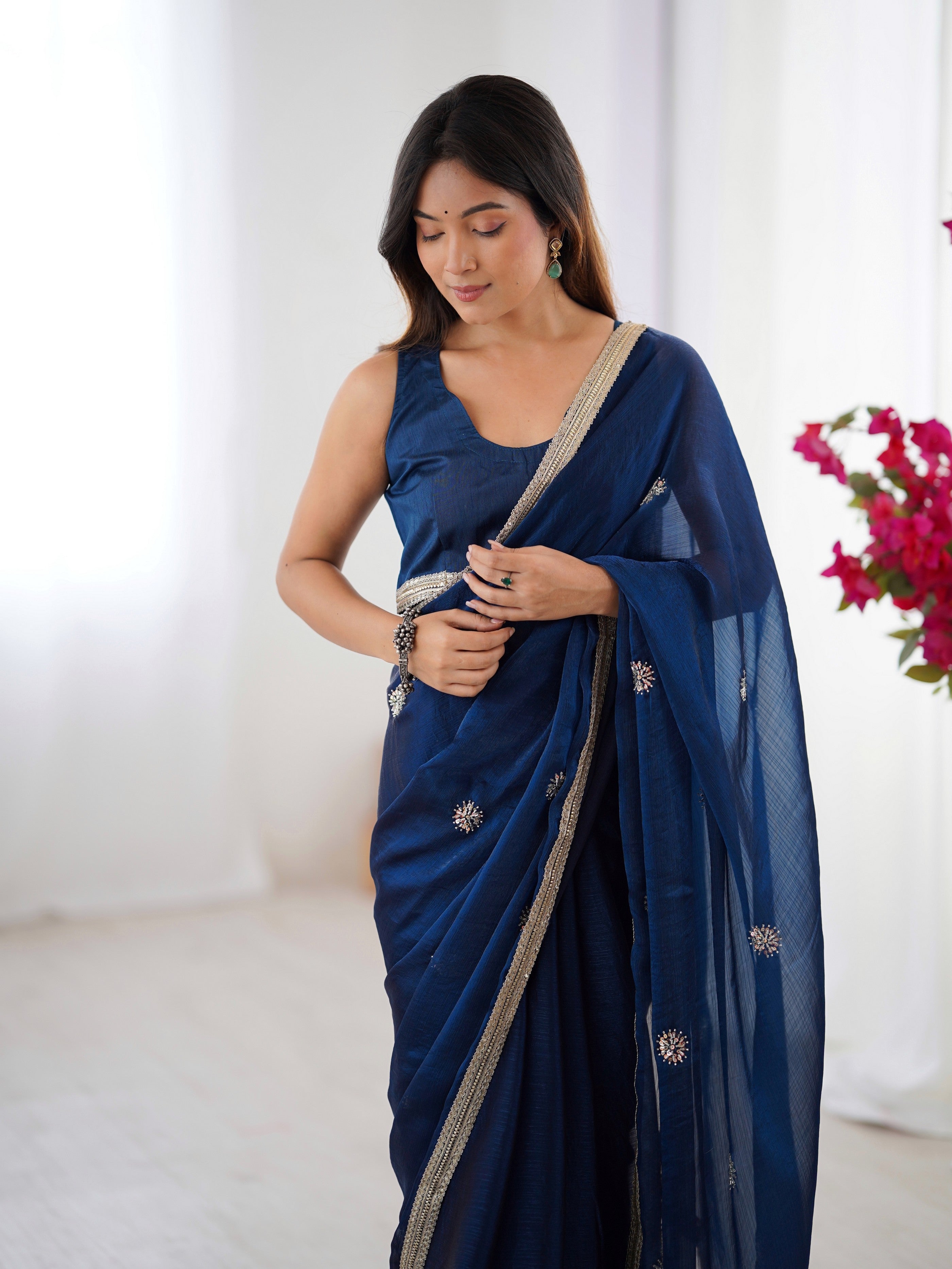 Blue Fancy Stylish Partywear Saree For Girlie Ethnic Looks