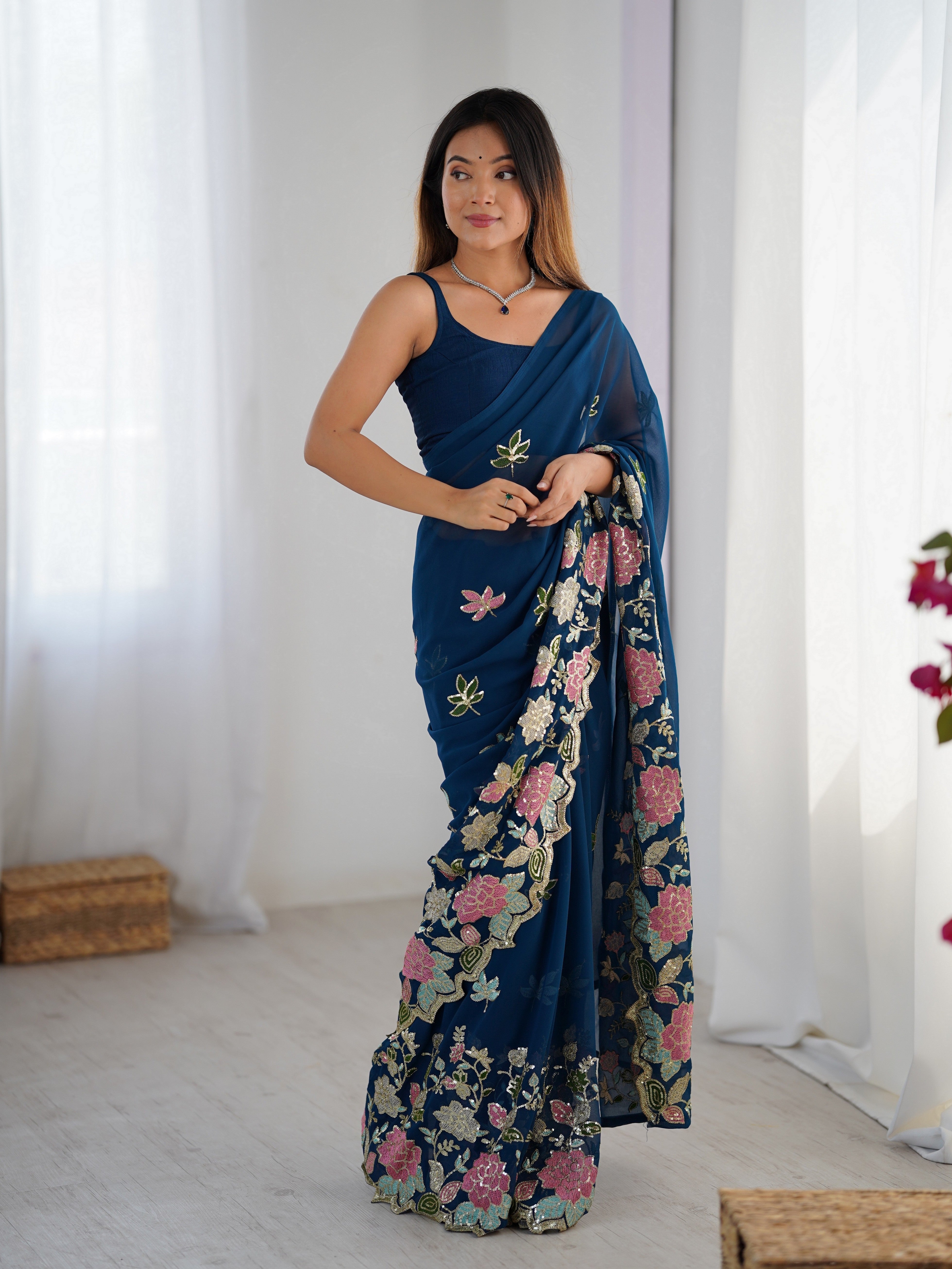 Blue Floral Embroidered Sequins Work Partywear Saree