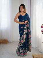 Blue Floral Embroidered Sequins Work Partywear Saree