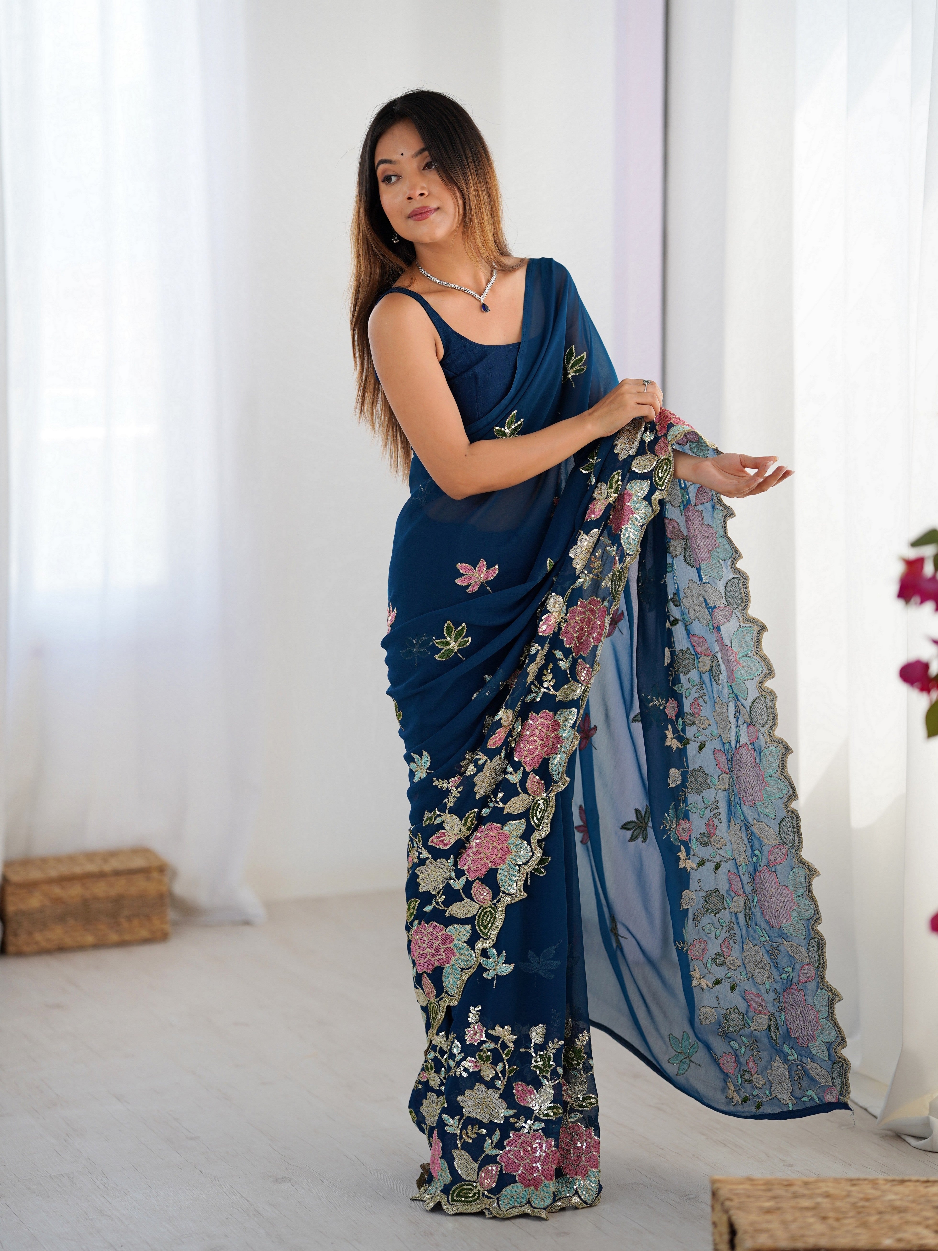 Blue Floral Embroidered Sequins Work Partywear Saree
