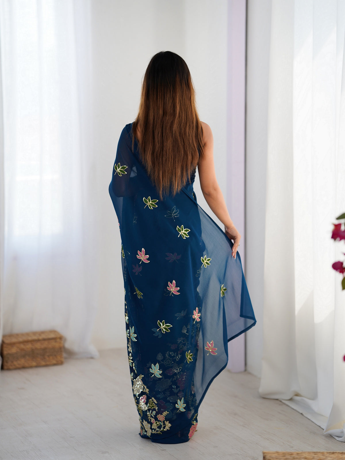 Blue Floral Embroidered Sequins Work Partywear Saree