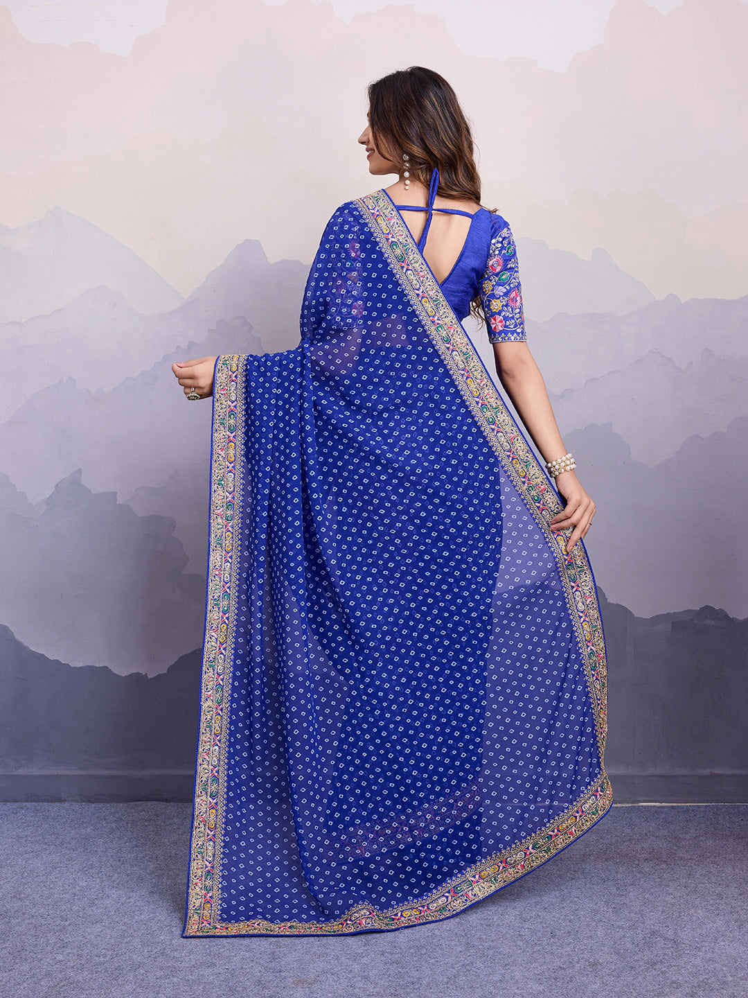 Blue Georgette Designer Partywear Bandhej Saree