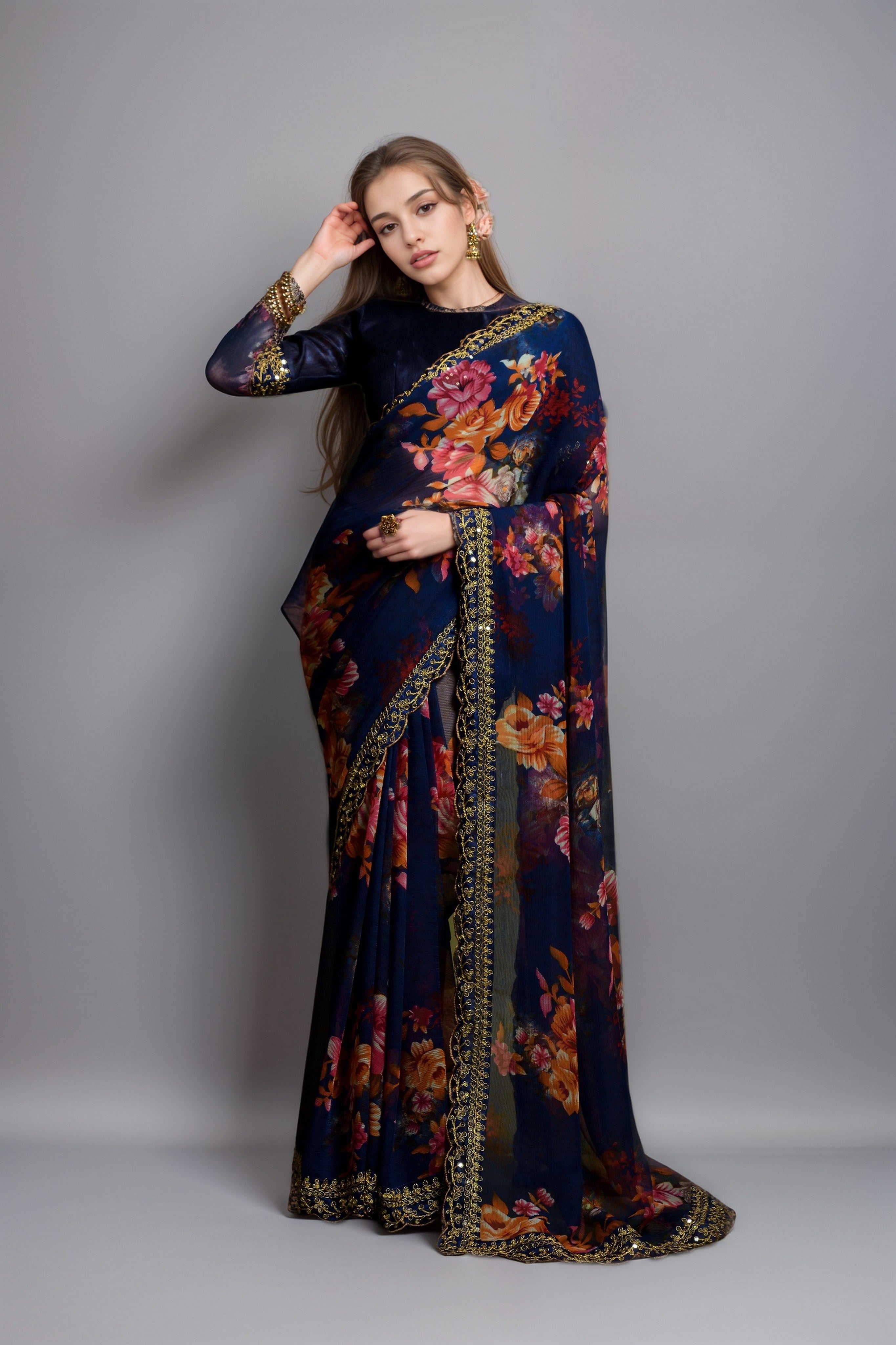Blue Georgette Floral Printed With Embroidered Border Saree