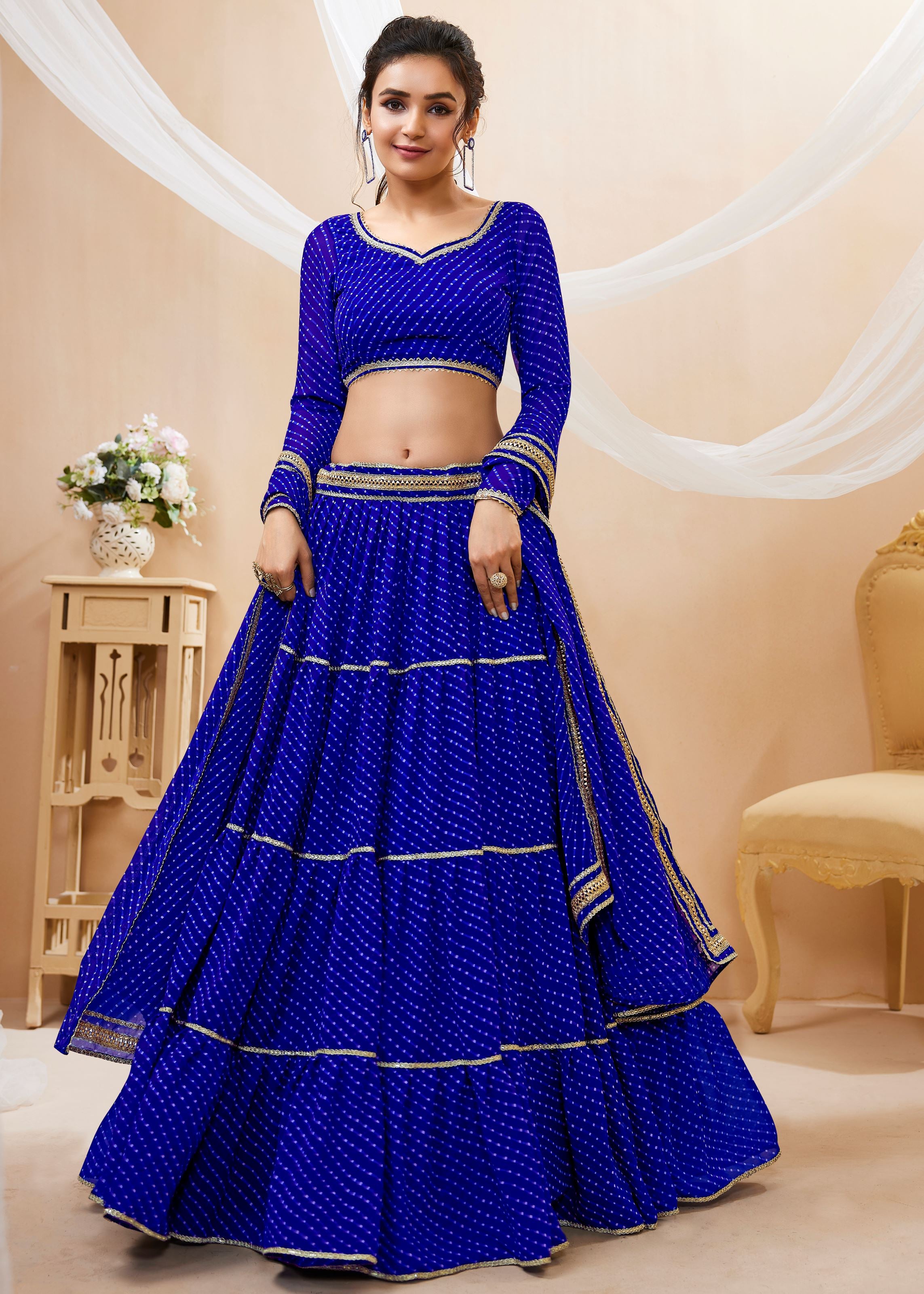 Blue Georgette Lehenga Choli With Georgette Leheriya Printed with lace all over work