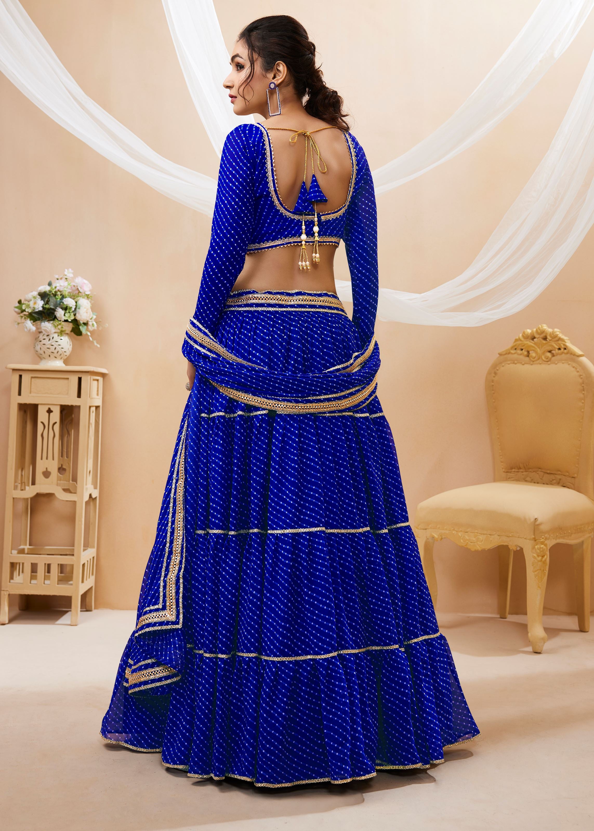 Blue Georgette Lehenga Choli With Georgette Leheriya Printed with lace all over work