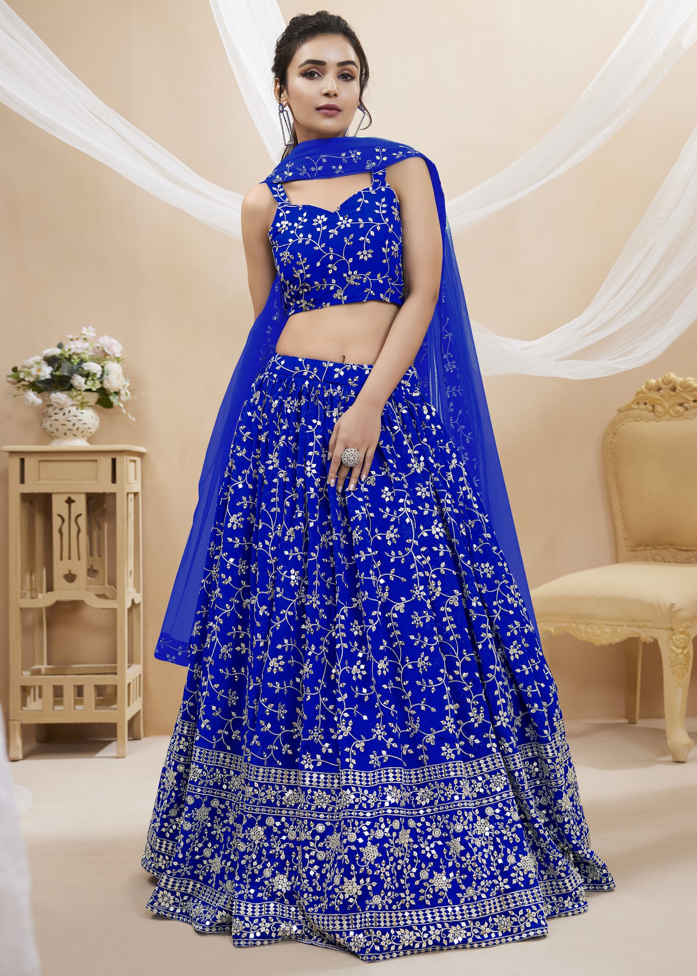 Blue Georgette Lehenga Choli With Sequins Zari Embroidered Work
