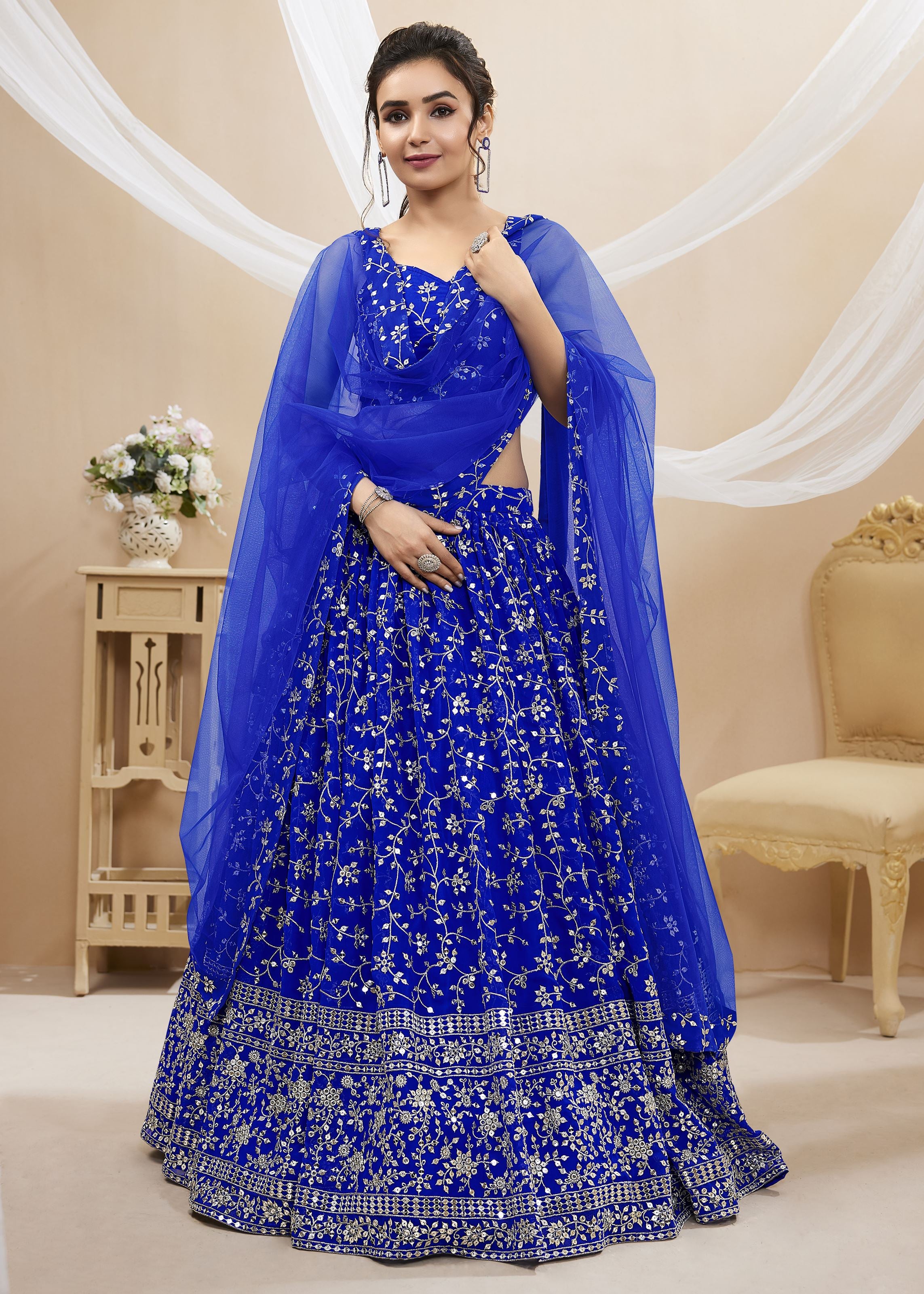 Blue Georgette Lehenga Choli With Sequins Zari Embroidered Work