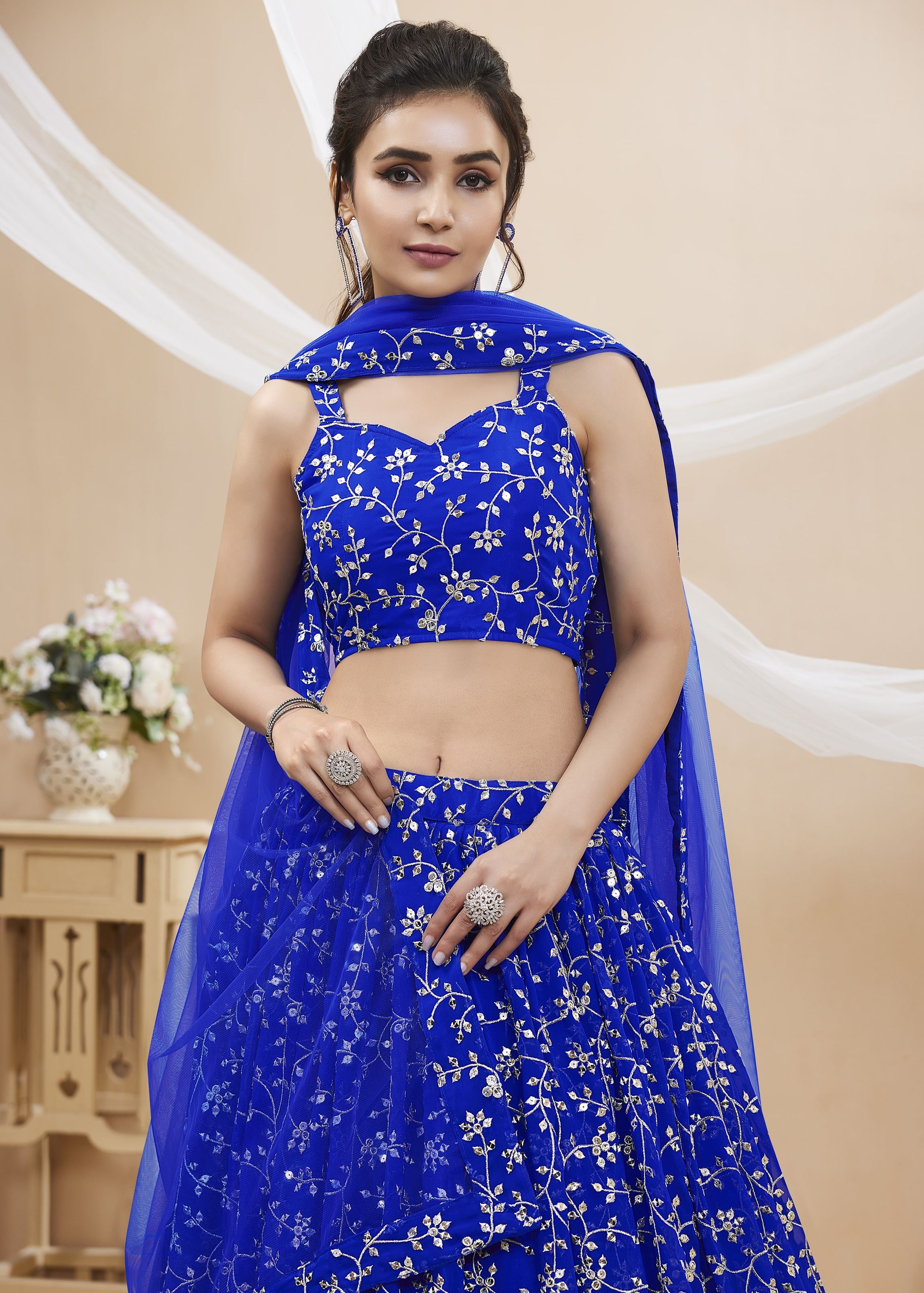Blue Georgette Lehenga Choli With Sequins Zari Embroidered Work