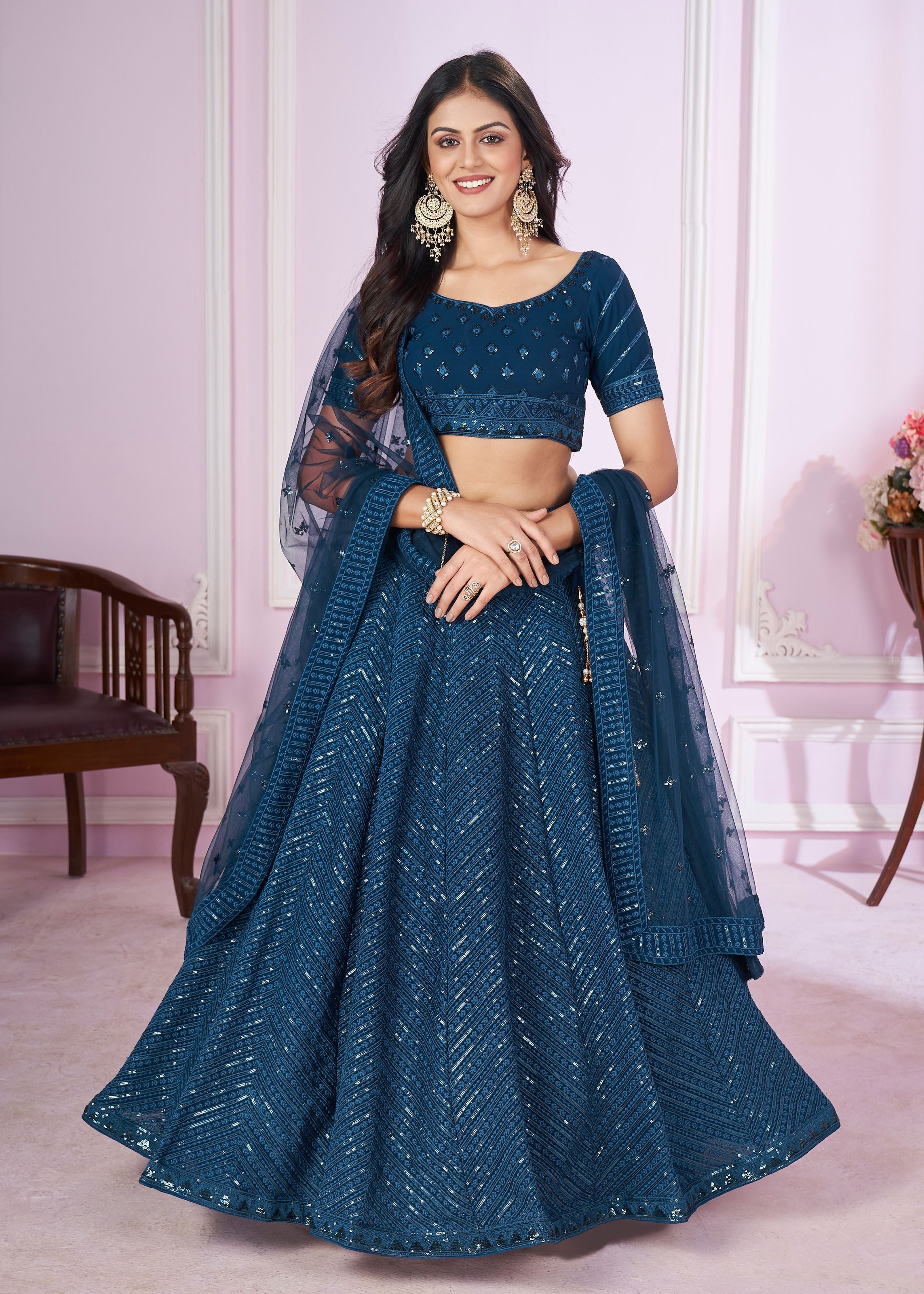 Blue Georgette Lehenga Choli With Sequins, Thread Embroidery Work