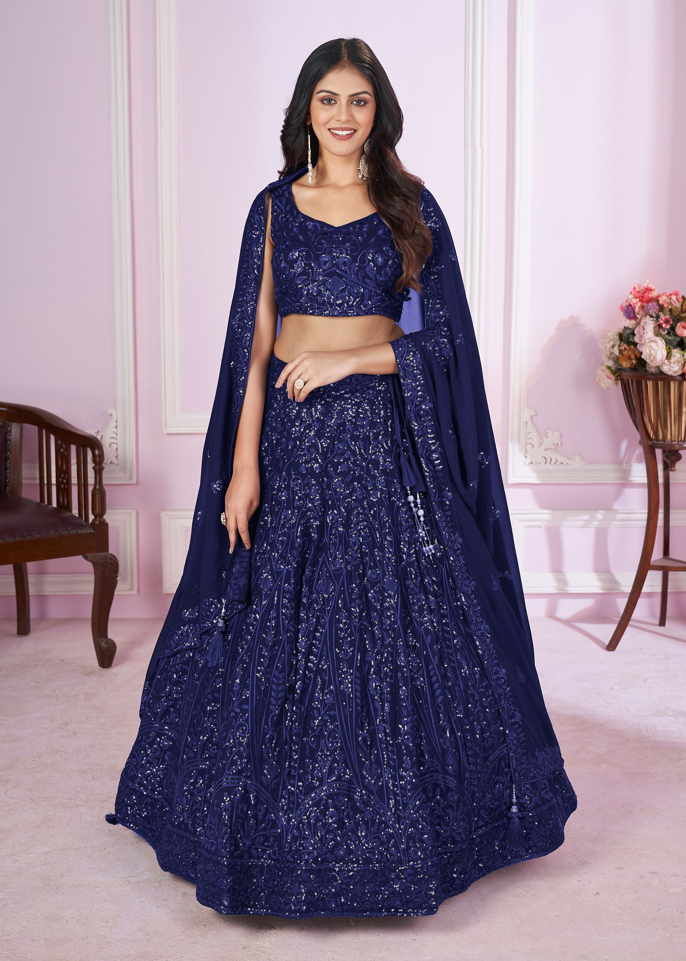Blue Georgette Lehenga Choli With Sequins, Thread Embroidery Work