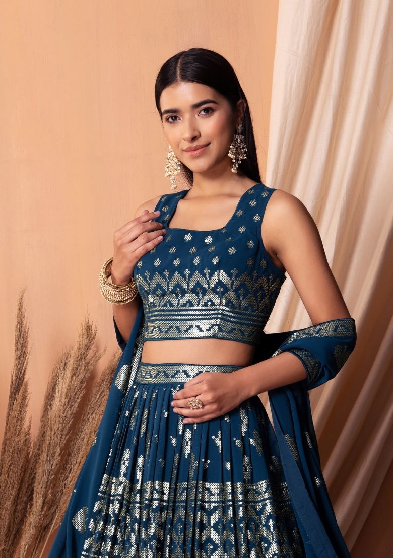 Blue Georgette Lehenga Choli With Sequins & Thread Embroidery Work